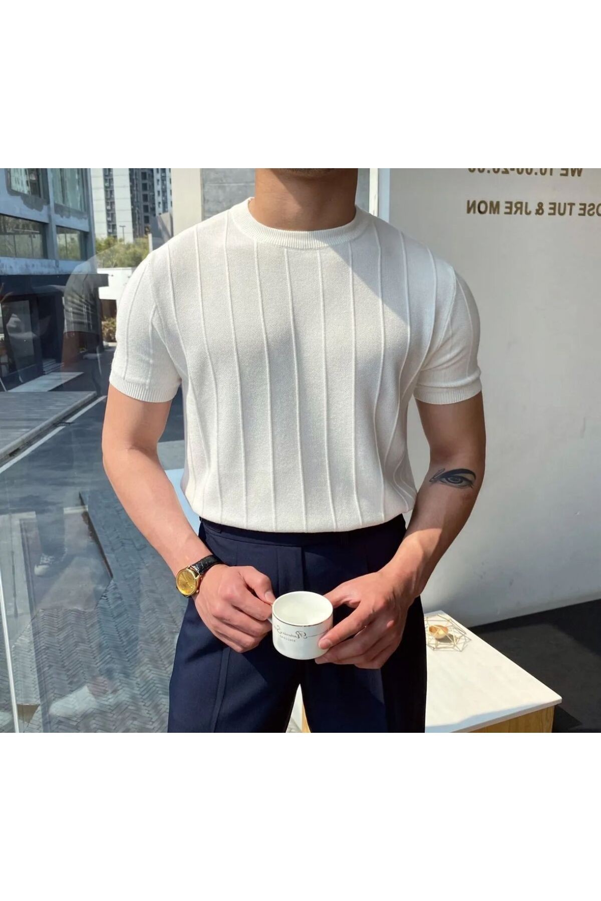Erkek Bisiklet Yaka Örme T-shirt - BEYAZ