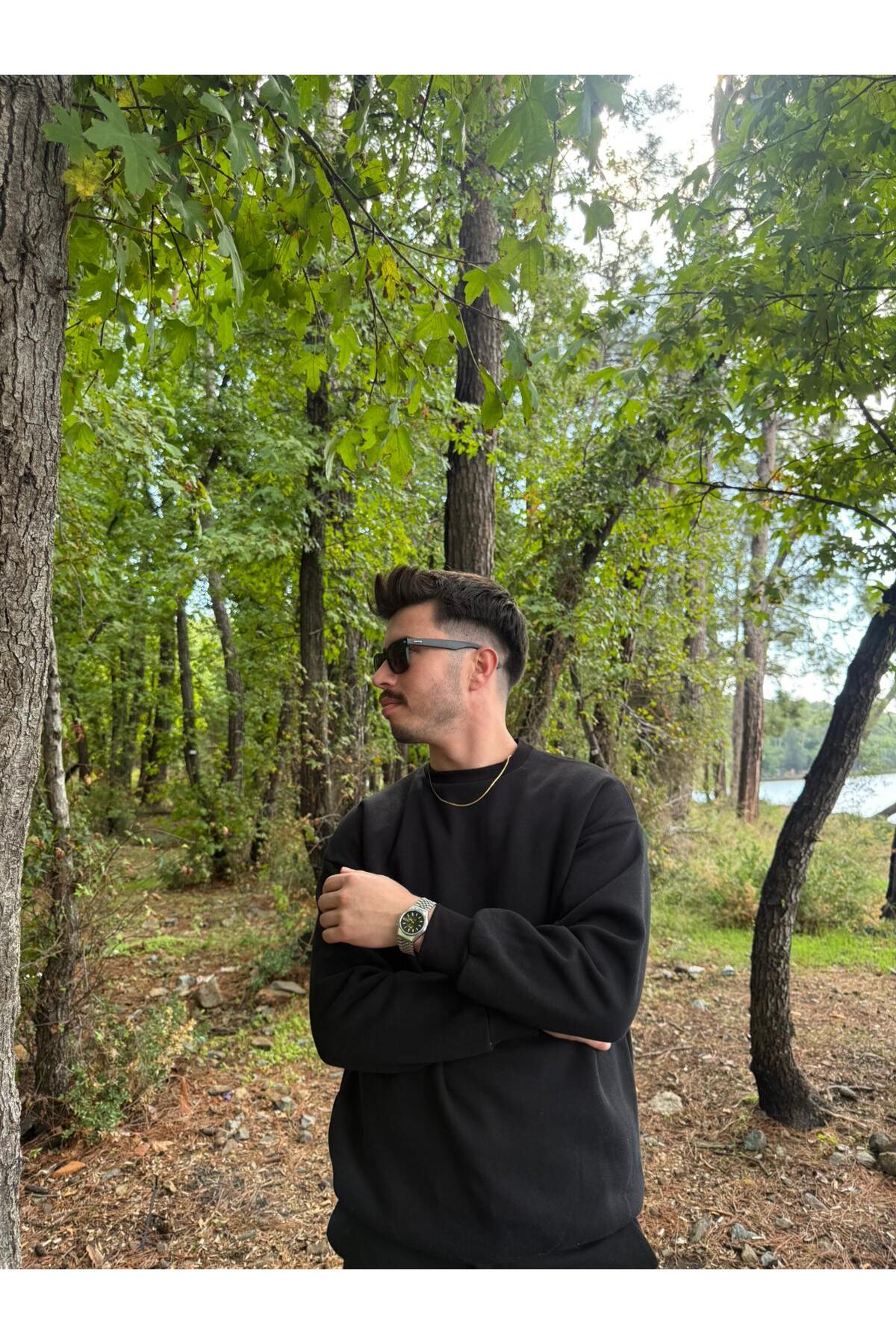 Erkek Oversize Bisiklet Yaka Basic Sweatshirt - siyah