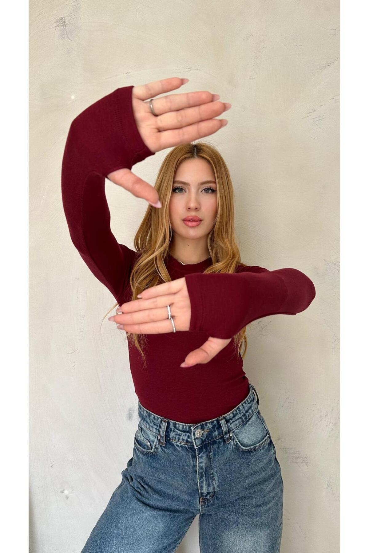 Kadın Bordo Likralı Uzun Kollu Basic Body – Fit Kalıp, Esnek ve Yumuşak Dokulu - Bordo