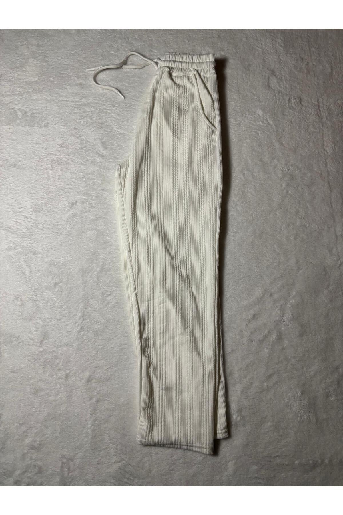 Baggy Beyaz Renk Ottoman Çizgi Detaylı Pantolon