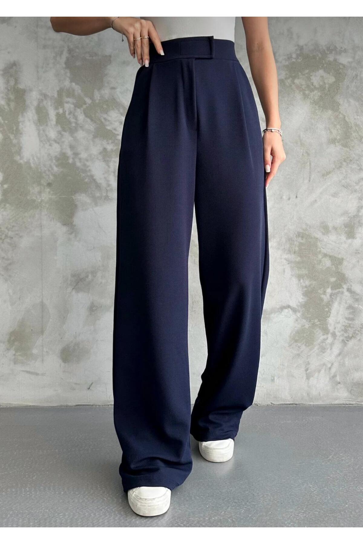 Kadın Likralı Cırt Kapama Palazzo Pantolon - Lacivert