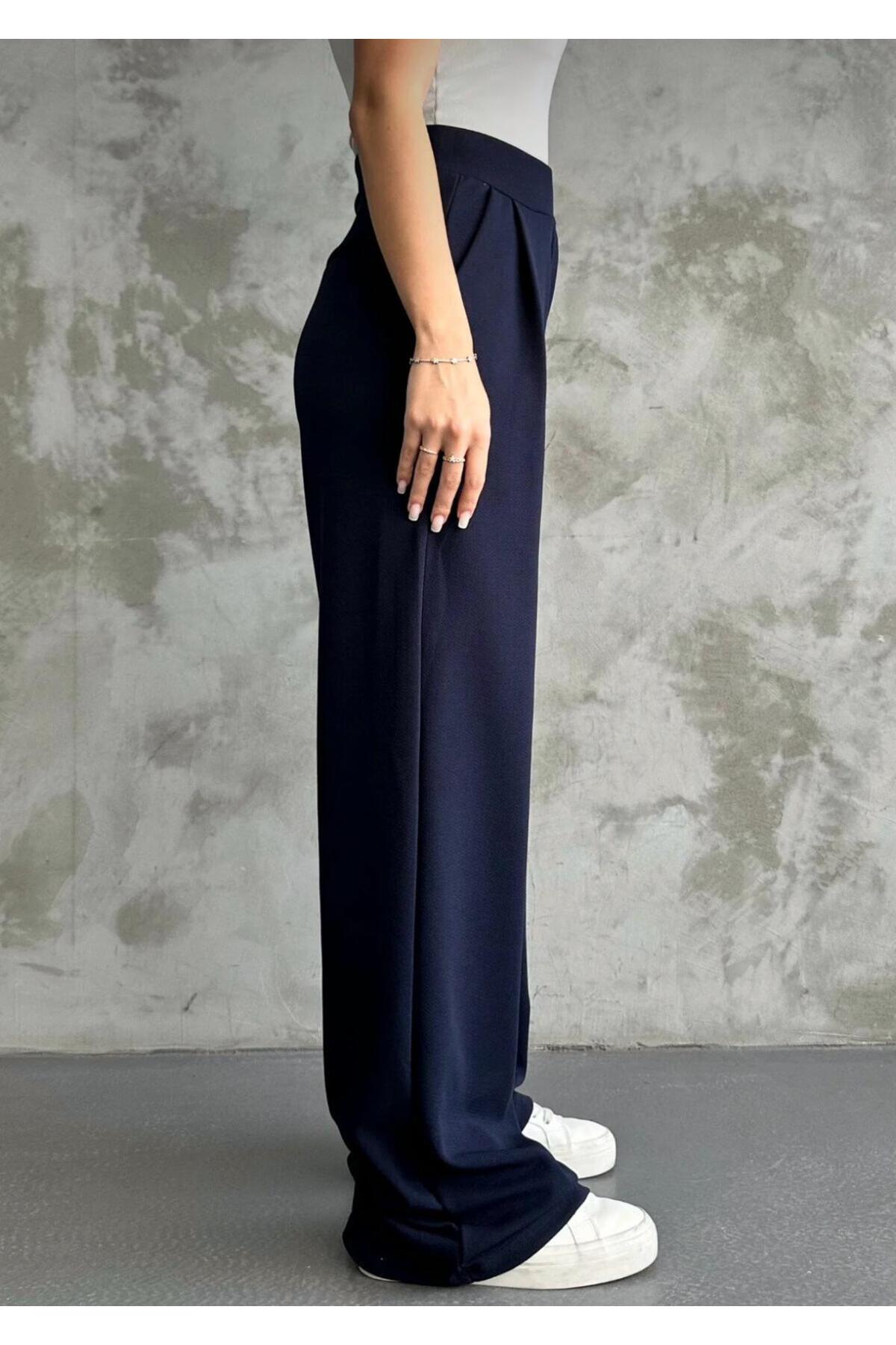 Kadın Likralı Cırt Kapama Palazzo Pantolon - Lacivert