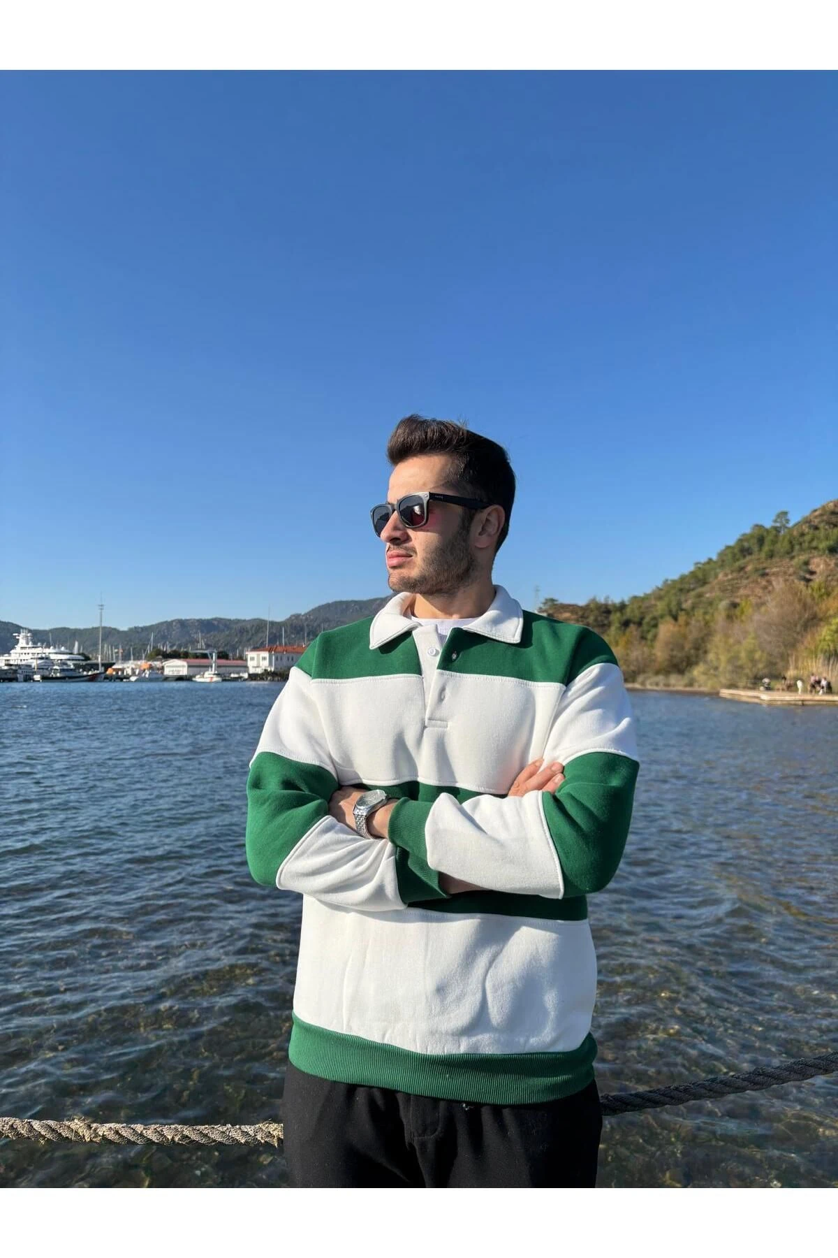 3 İplik Polo Yaka Parçali Oversize Sweatshirt