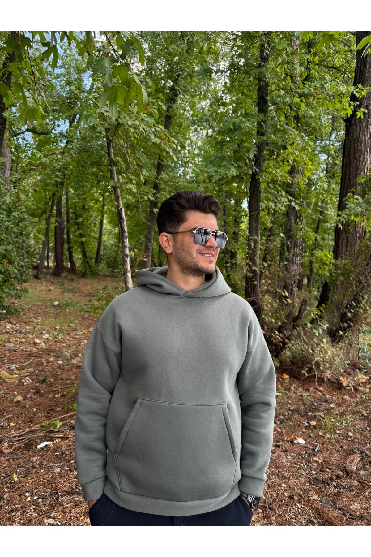 Erkek 3 İplik Basic Oversize Kanguru Cepli Kapüşonlu Sweatshirt - haki yeşil