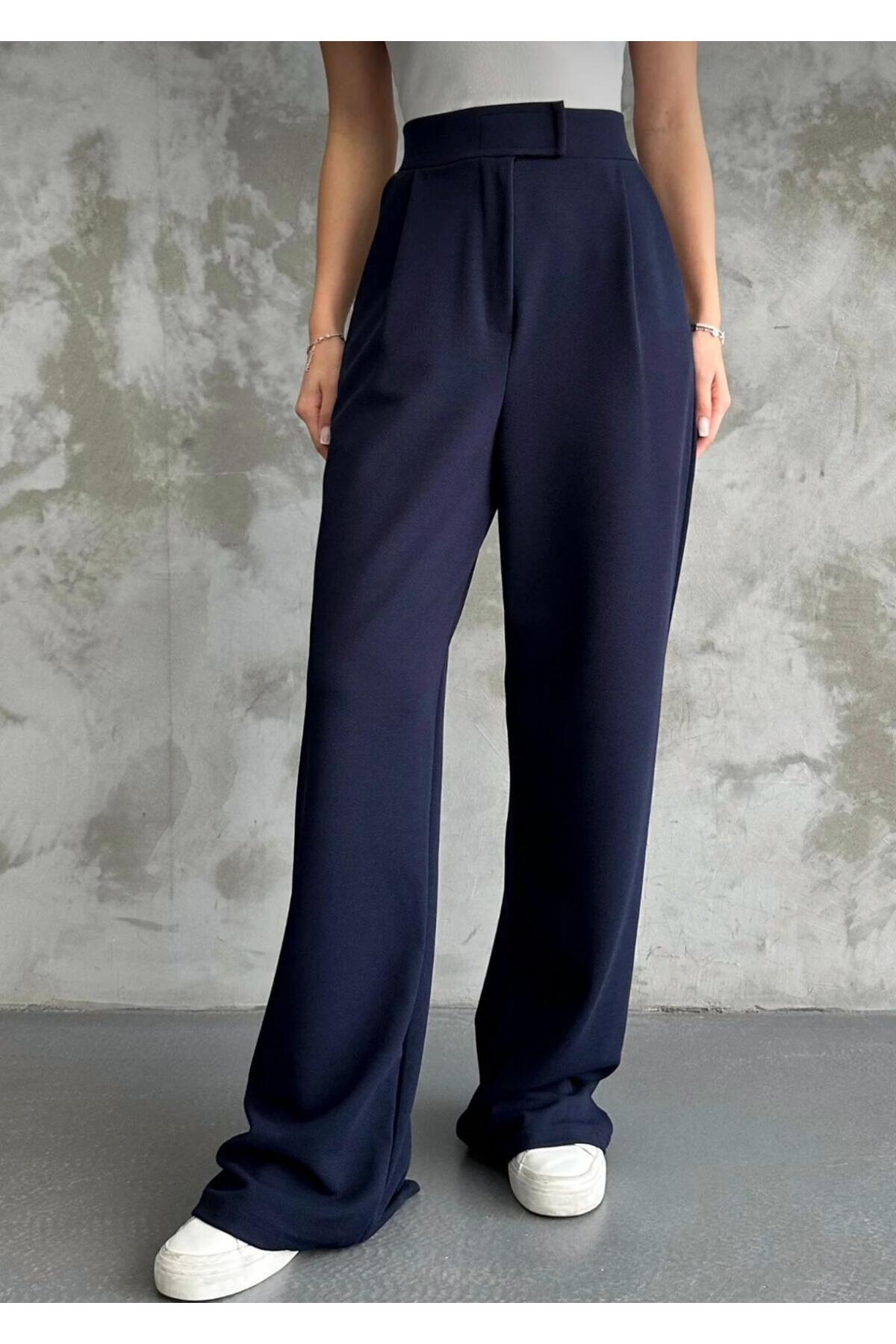 Kadın Likralı Cırt Kapama Palazzo Pantolon - Lacivert