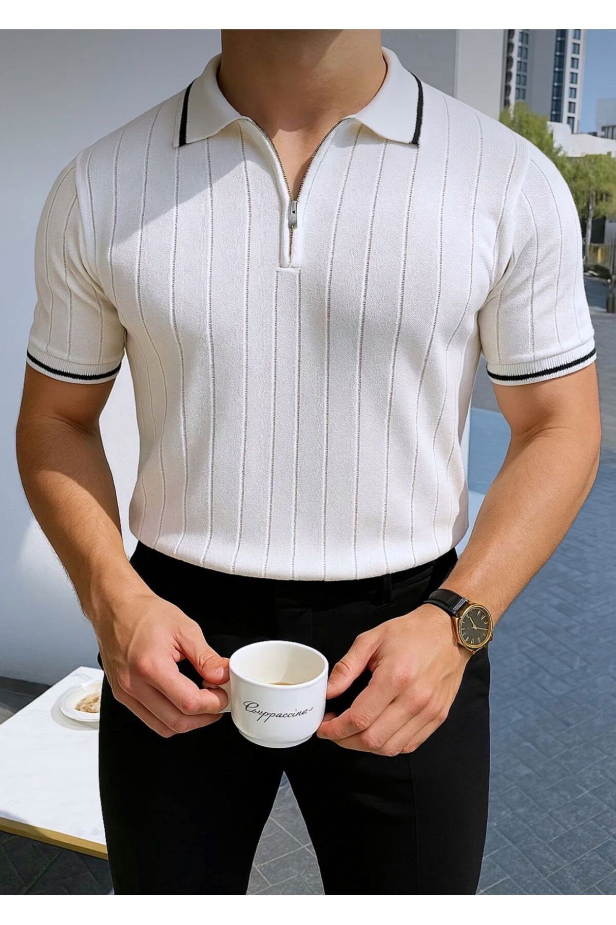 Erkek Fermuarlı Polo Yaka Örme Triko T-shirt - BEYAZ