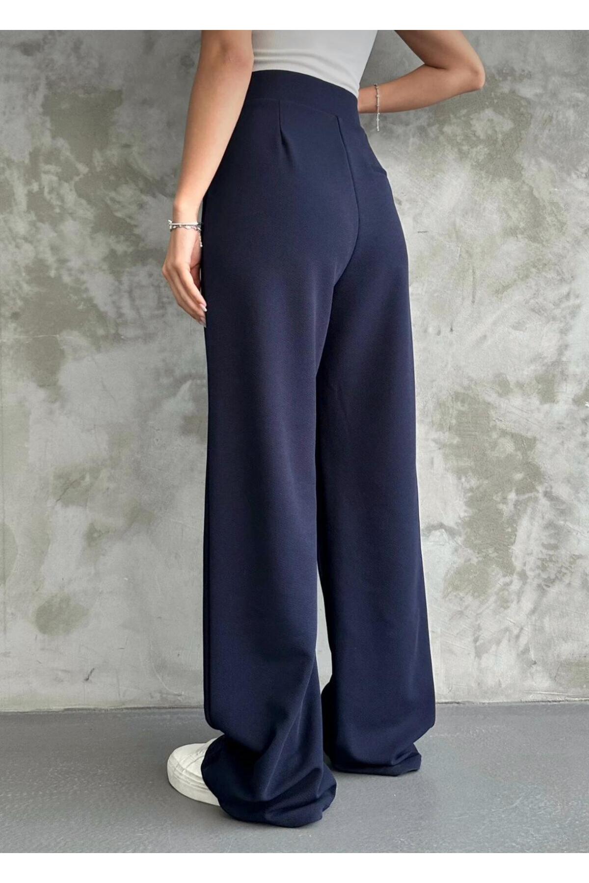 Kadın Likralı Cırt Kapama Palazzo Pantolon - Lacivert