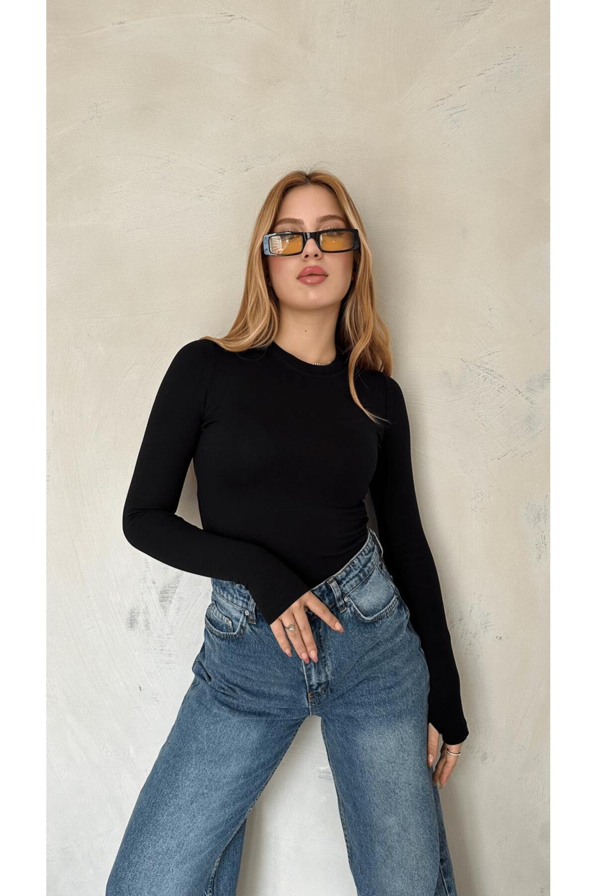 Kadın Bordo Likralı Uzun Kollu Basic Body – Fit Kalıp, Esnek ve Yumuşak Dokulu - siyah
