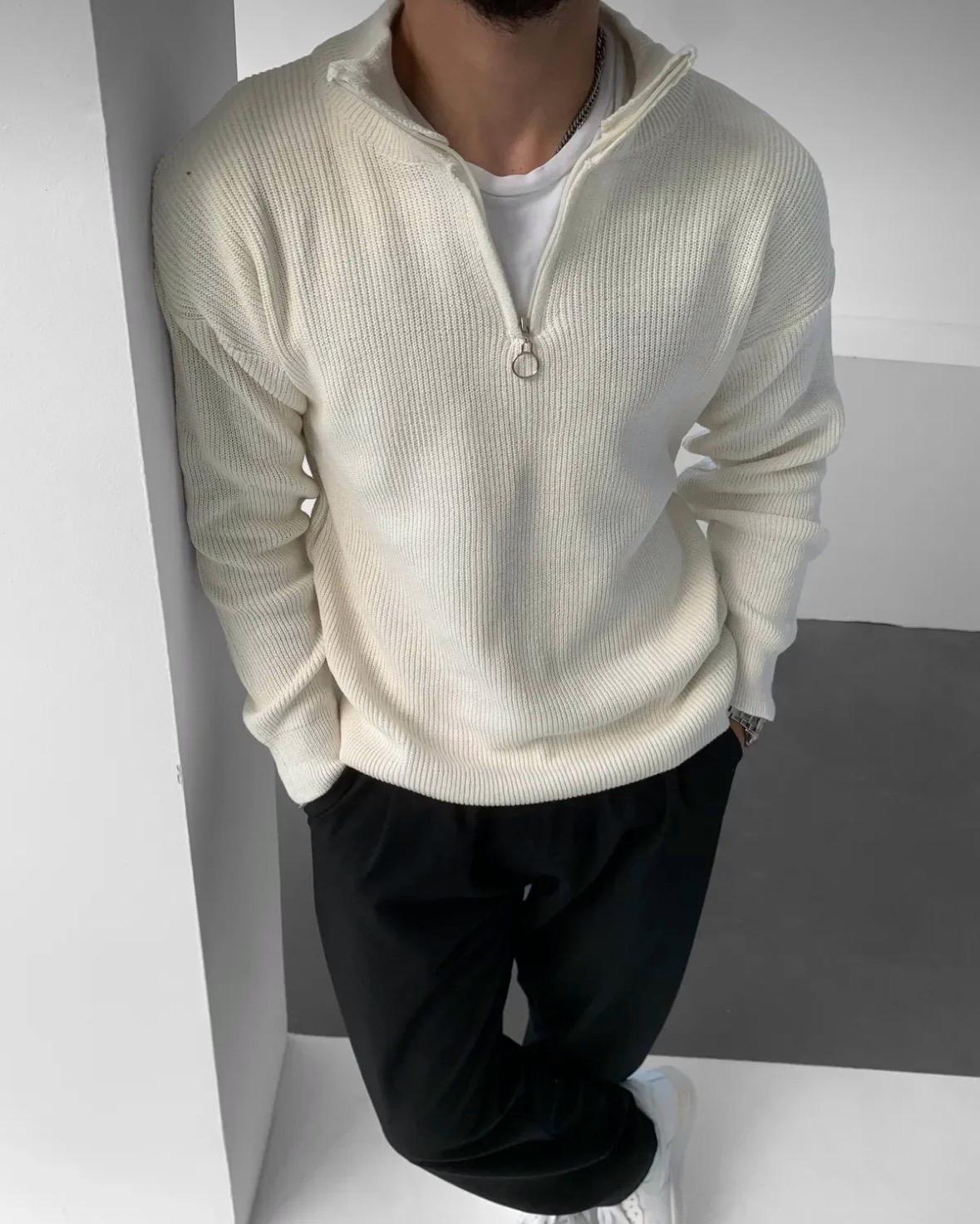 Erkek Kazak Yarım Fermuar Detaylı Triko - Ekru