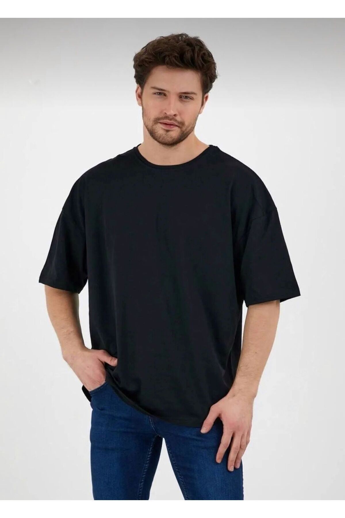 Erkek Oversize Pamuklu Bisiklet Yaka Kısa Kollu T-shirt - siyah
