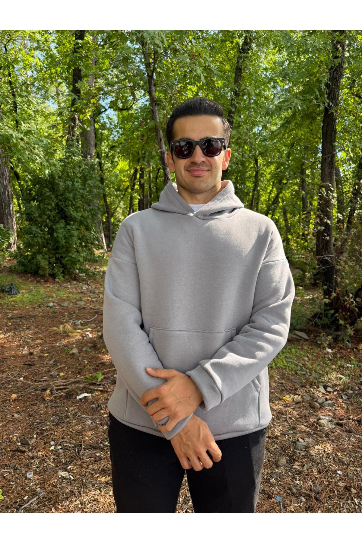 Erkek 3 İplik Basic Oversize Kanguru Cepli Kapüşonlu Sweatshirt - açık gri