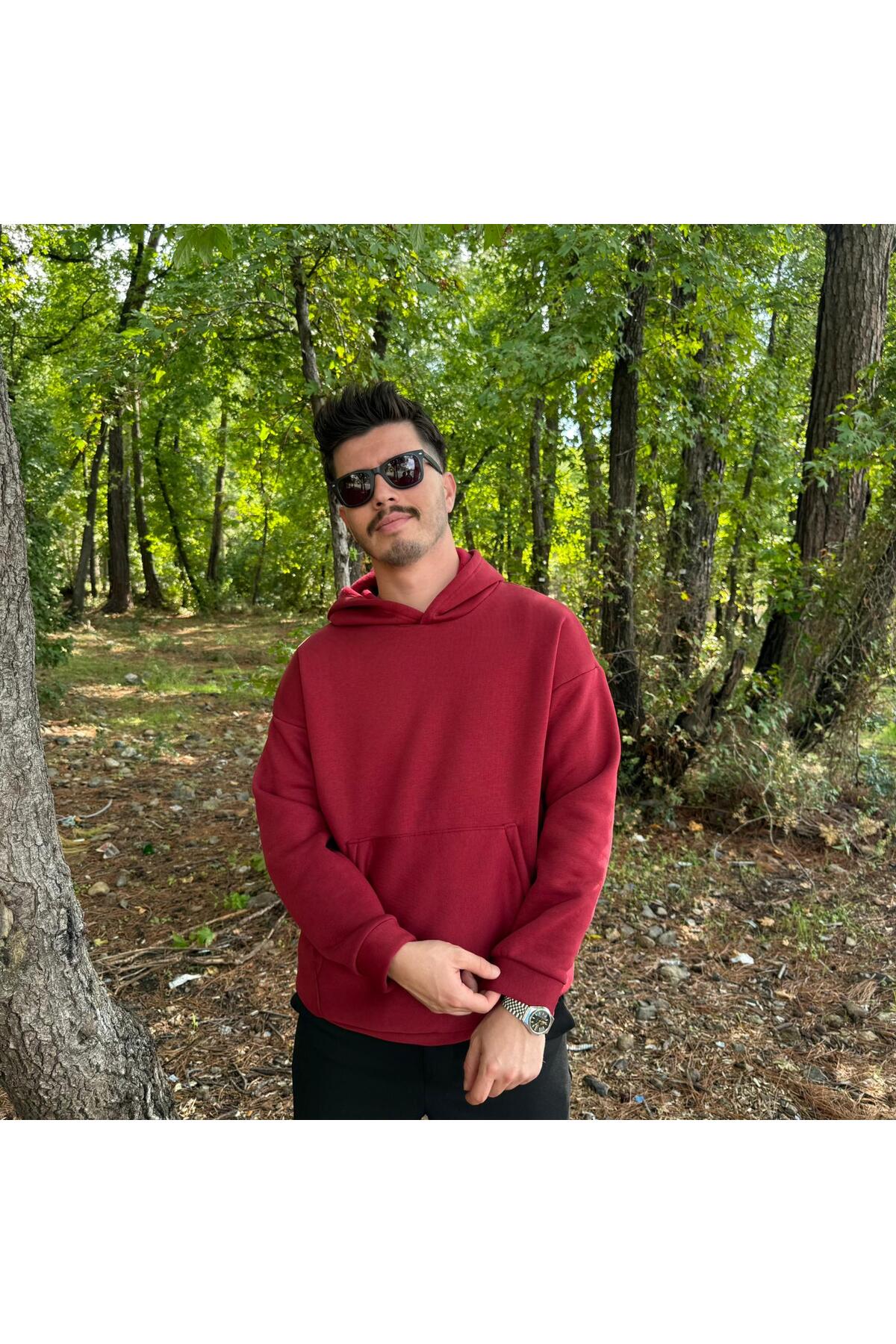 Erkek 3 İplik Basic Oversize Kanguru Cepli Kapüşonlu Sweatshirt - Bordo