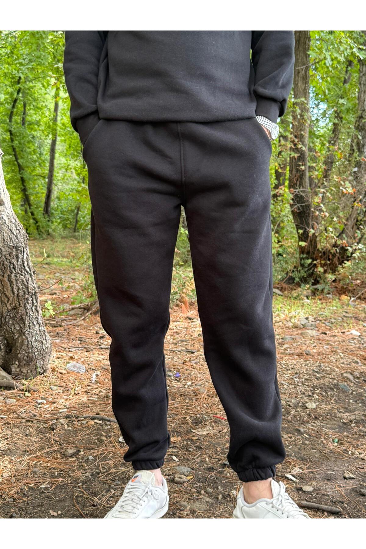 Erkek Ünisex Jogger Eşofman Altı 3 İplik Kalın Kişlık - siyah