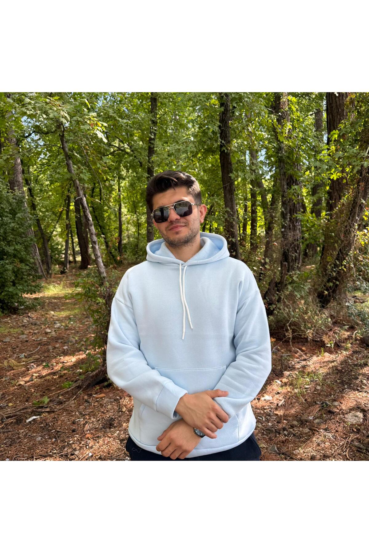 Erkek 3 İplik Basic Oversize Kanguru Cepli Kapüşonlu Sweatshirt - açık mavi