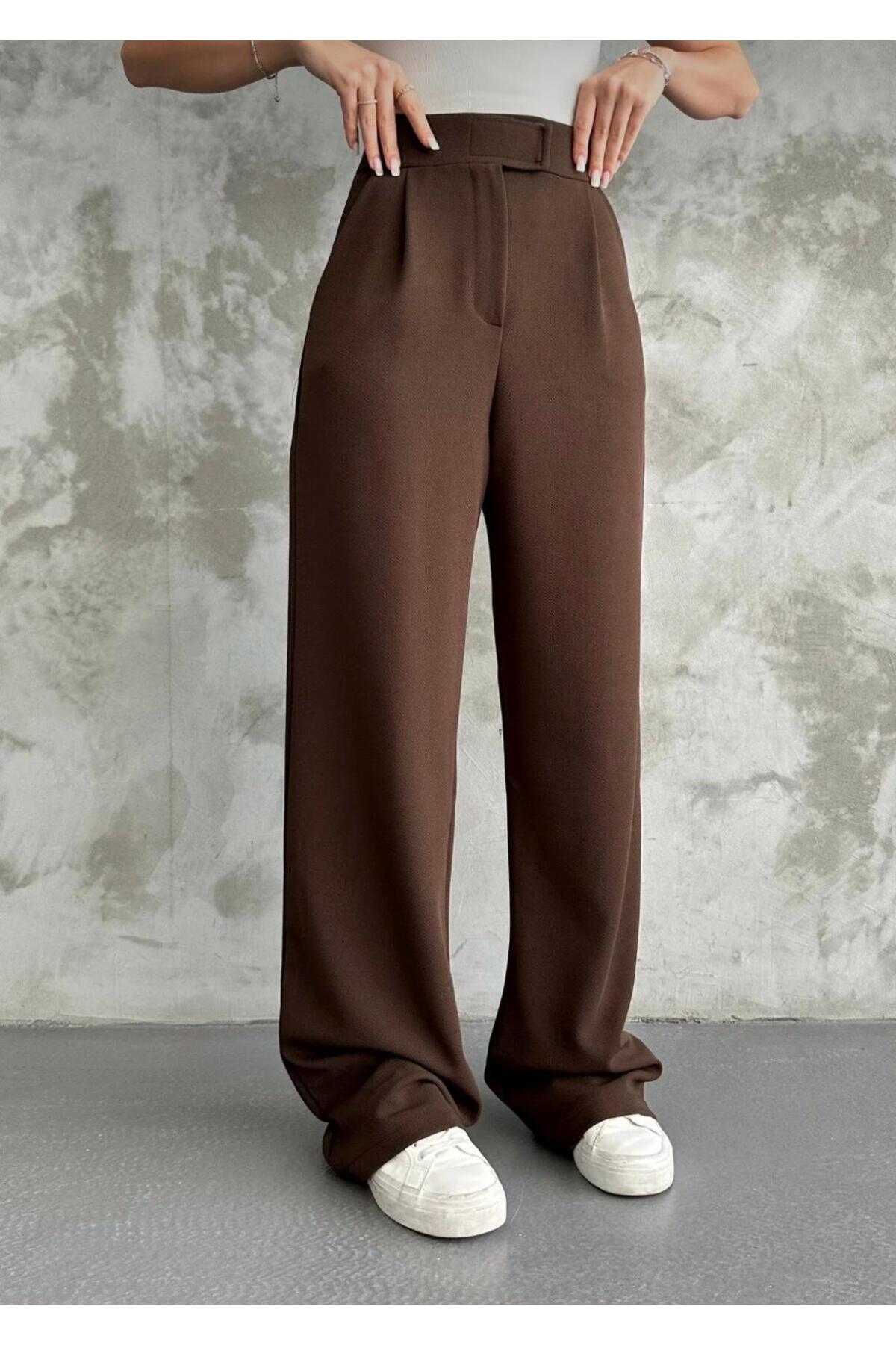 Kadın Likralı Cırt Kapama Palazzo Pantolon - kahverengi
