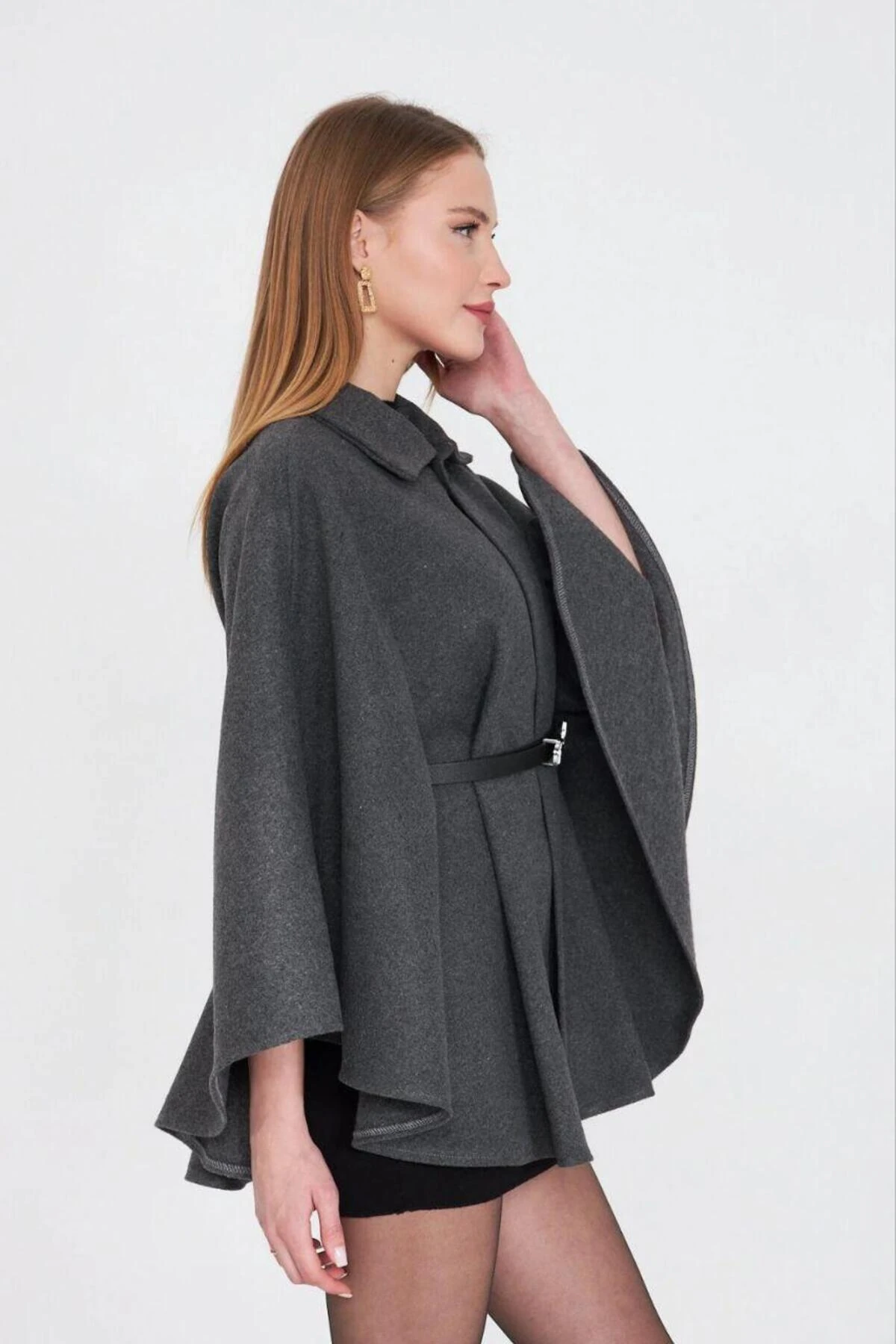 Kadın Kemerli Kaşe Panço - Gri