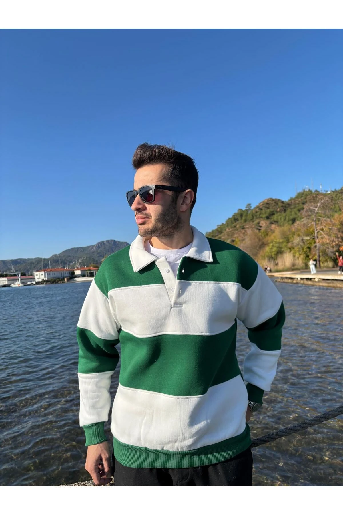 3 İplik Polo Yaka Parçali Oversize Sweatshirt