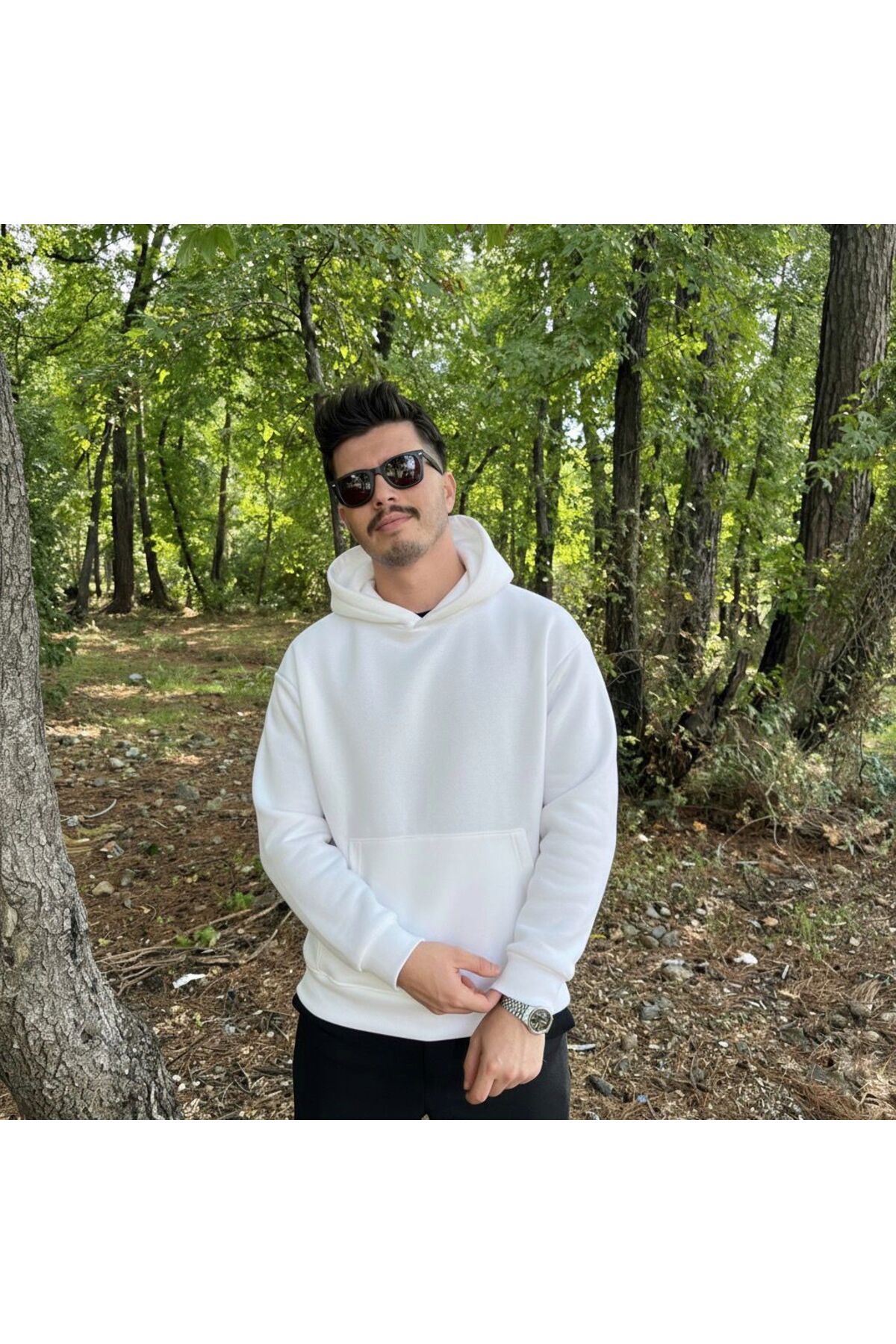 Erkek 3 İplik Basic Oversize Geniş Kesim Kanguru Cepli Kapüşonlu Sweatshirt - XL