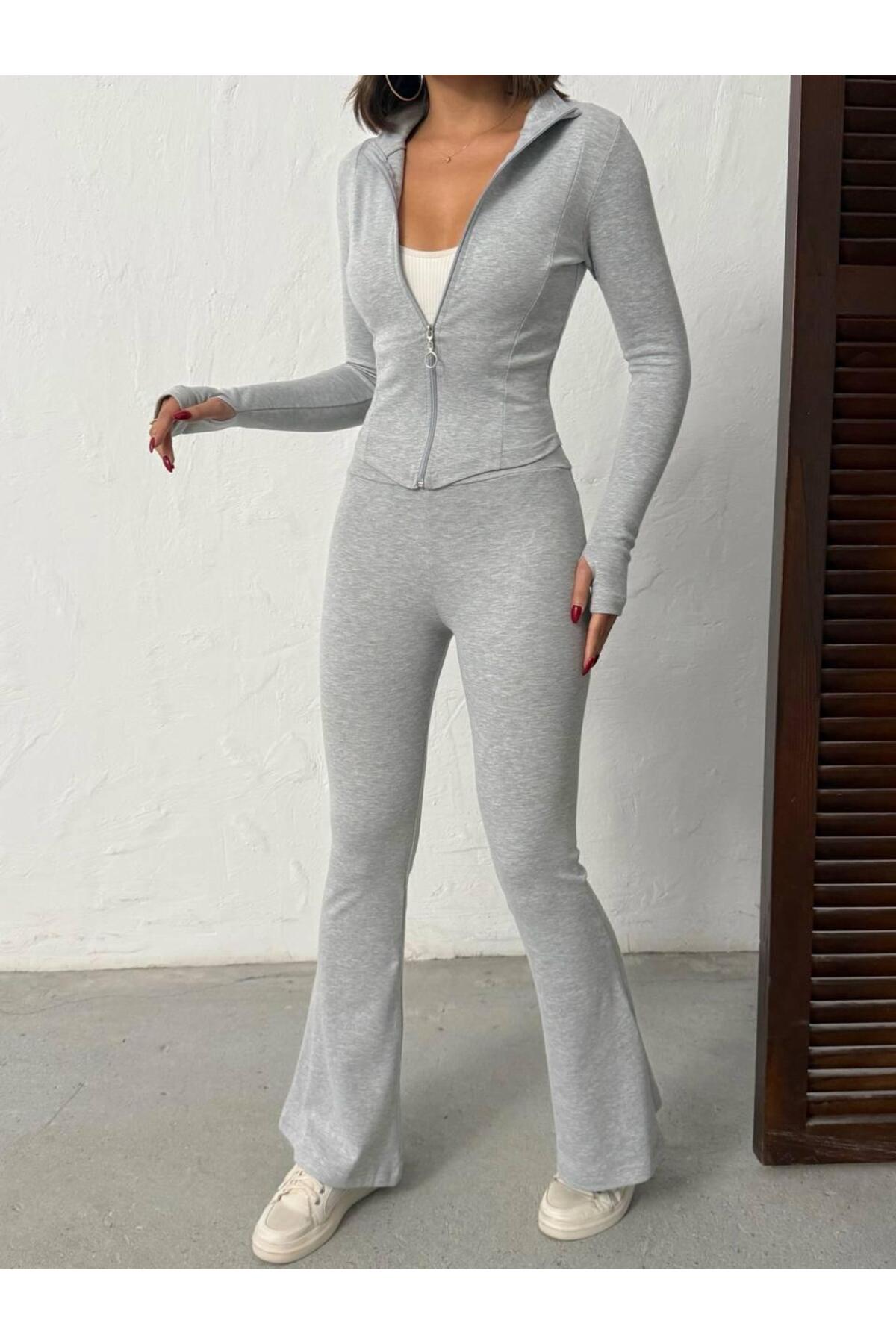 Kadın Gri Parmak Geçirmeli Ribana Kumaş Takım