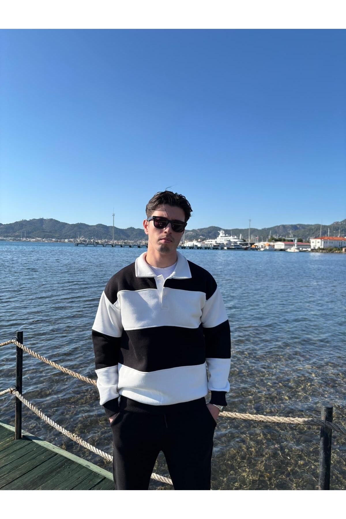 3 İplik Polo Yaka Parçali Oversize Sweatshirt