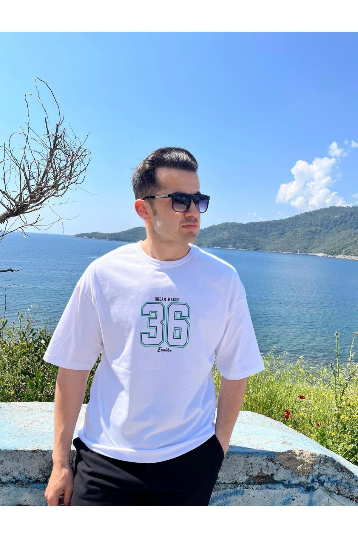 Erkek Bisiklet Yaka Oversize Baskılı T-shirt - BEYAZ