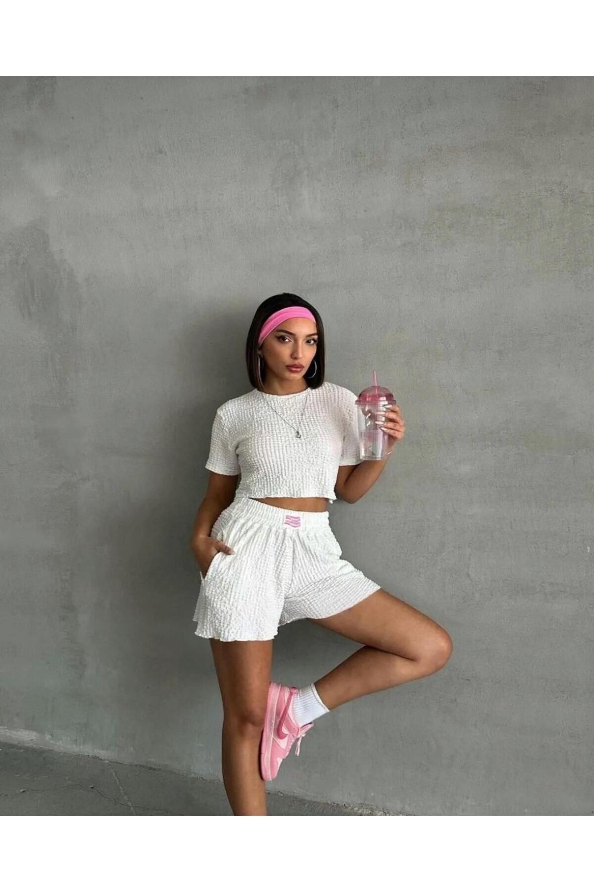 Rahat Fit Dokulu Şortlu Takım - pembe