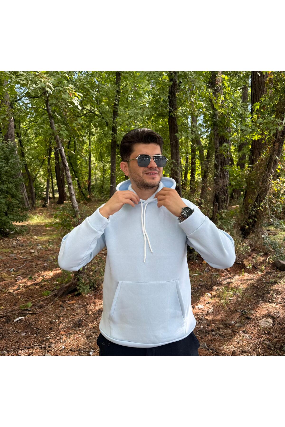 Erkek 3 İplik Basic Oversize Kanguru Cepli Kapüşonlu Sweatshirt - açık mavi