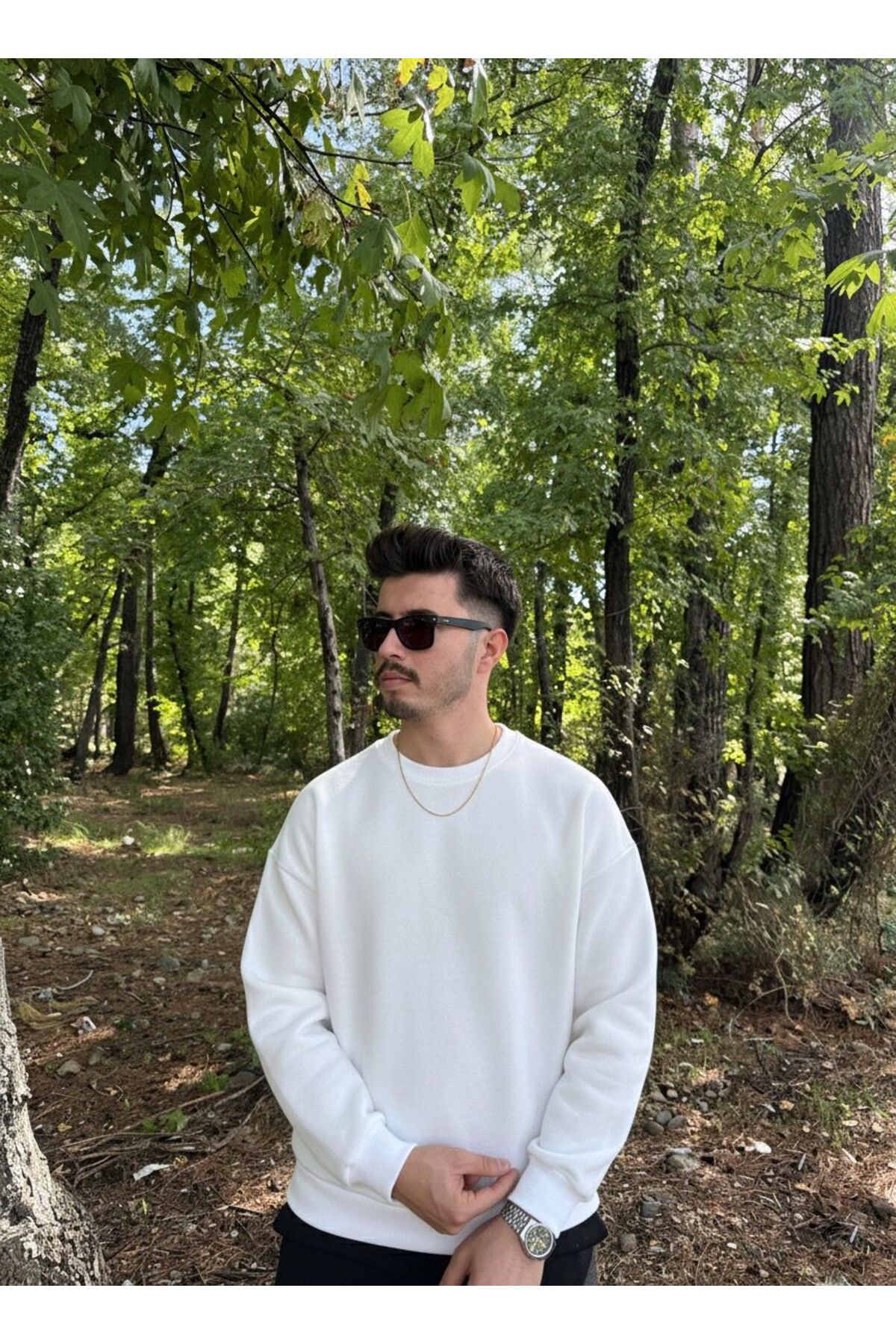 Erkek Oversize Bisiklet Yaka Geniş Kesim Sweatshirt - BEYAZ