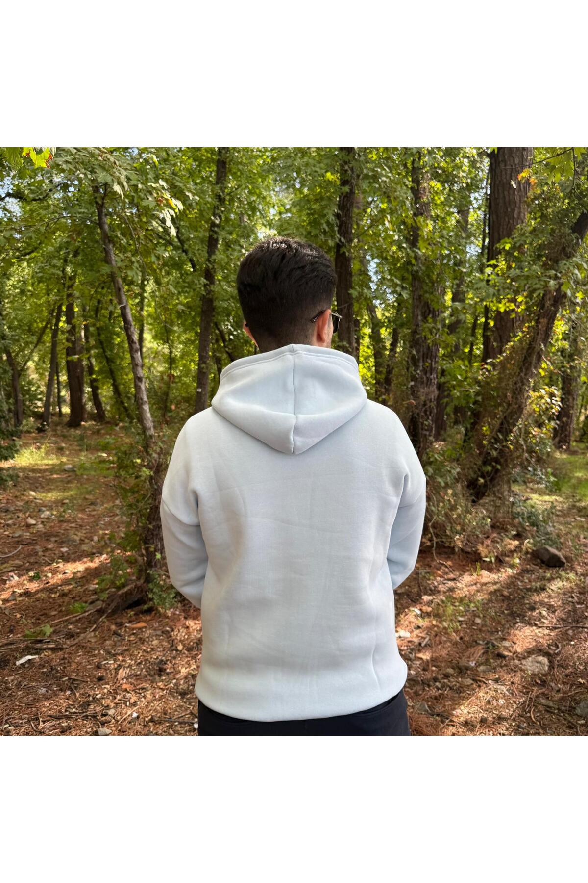 Erkek 3 İplik Basic Oversize Kanguru Cepli Kapüşonlu Sweatshirt - açık mavi