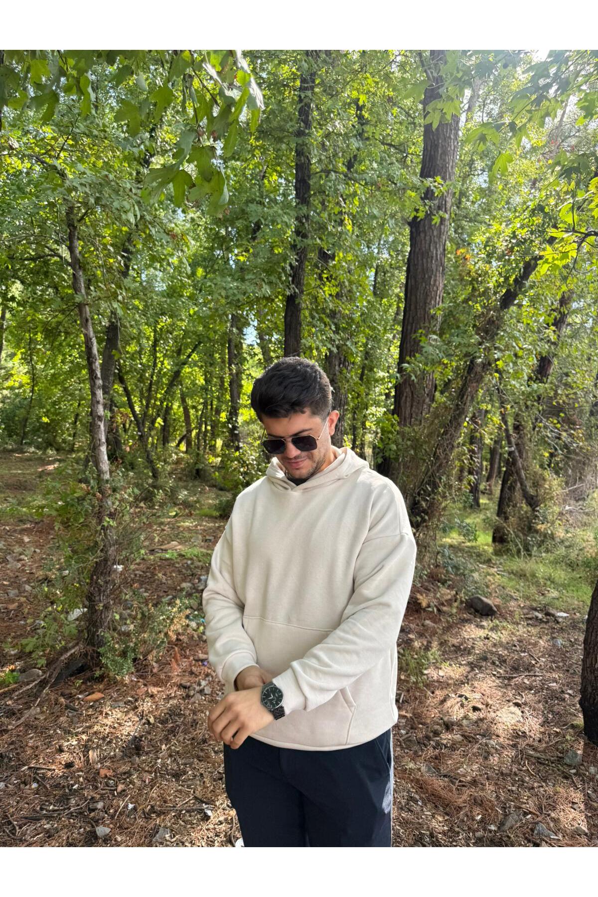 Erkek 3 İplik Basic Oversize Kanguru Cepli Kapüşonlu Sweatshirt - Ekru