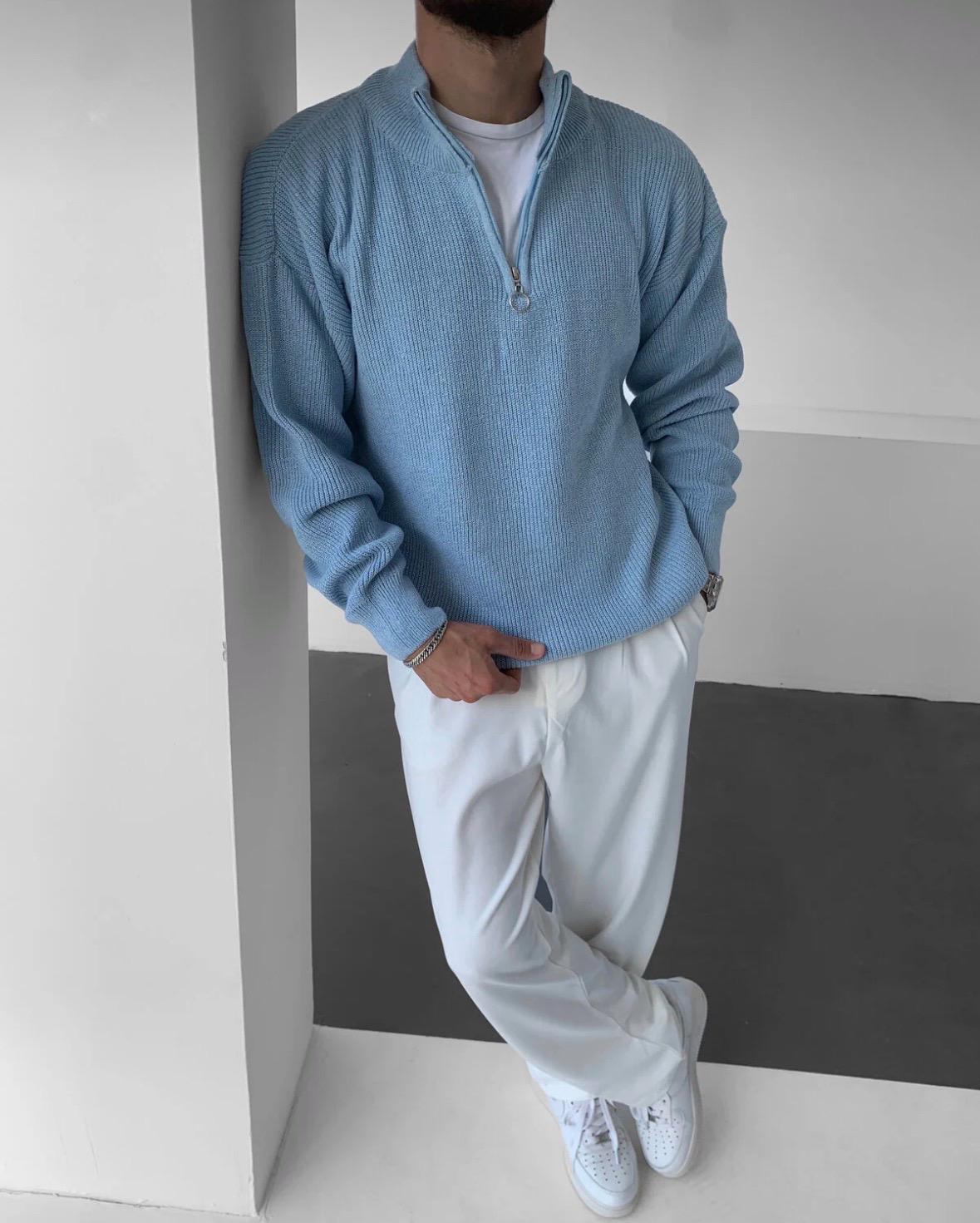 Erkek Kazak Yarım Fermuar Detaylı Triko - bebe mavi