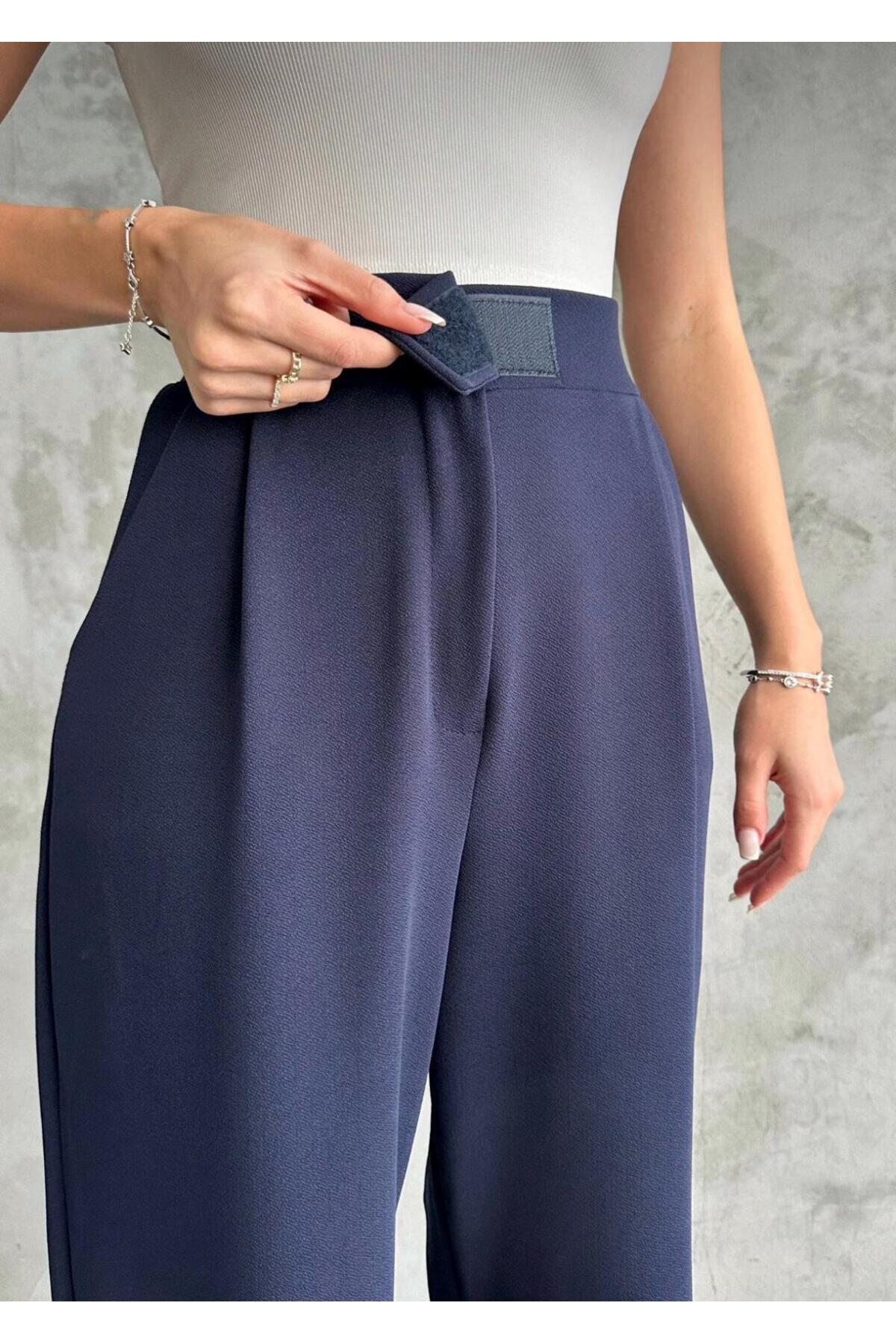 Kadın Likralı Cırt Kapama Palazzo Pantolon - Lacivert