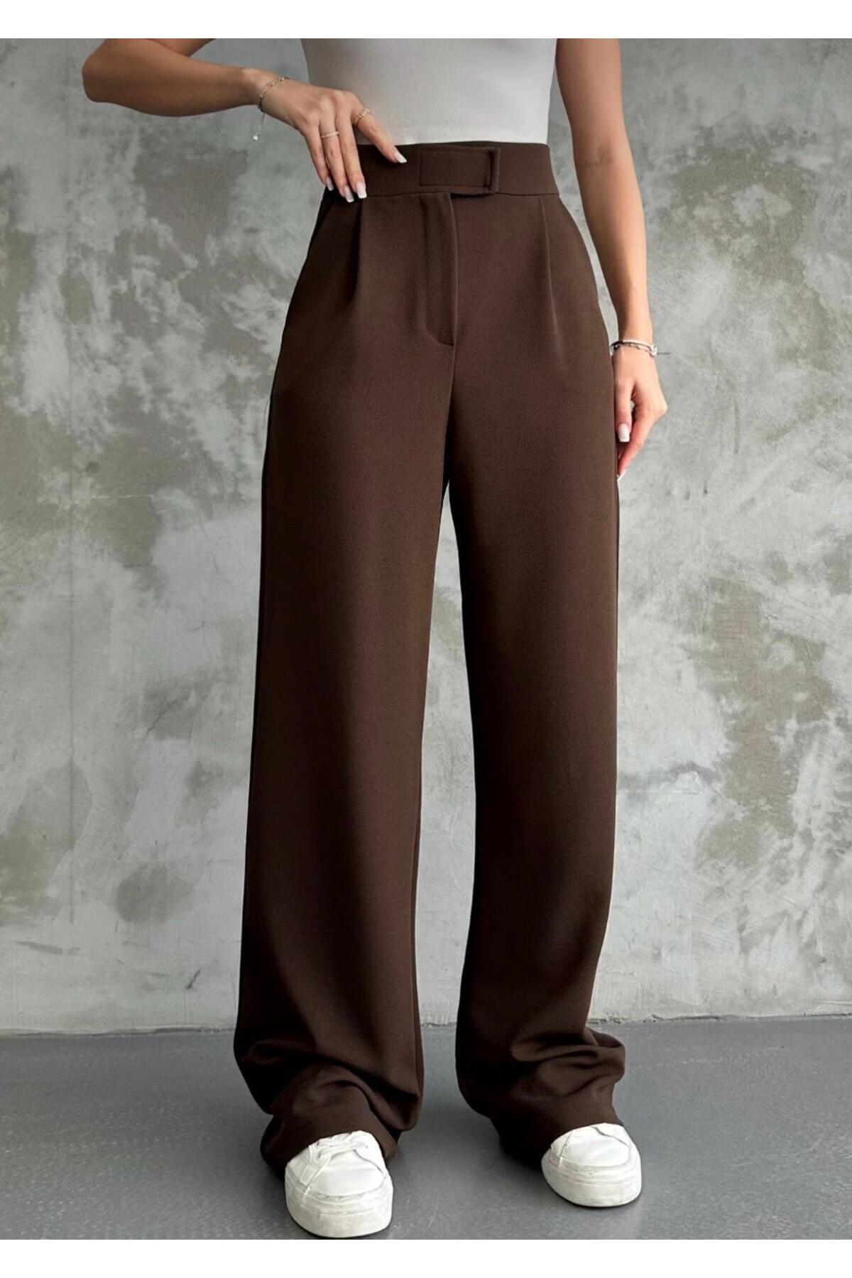 Kadın Likralı Cırt Kapama Palazzo Pantolon - kahverengi