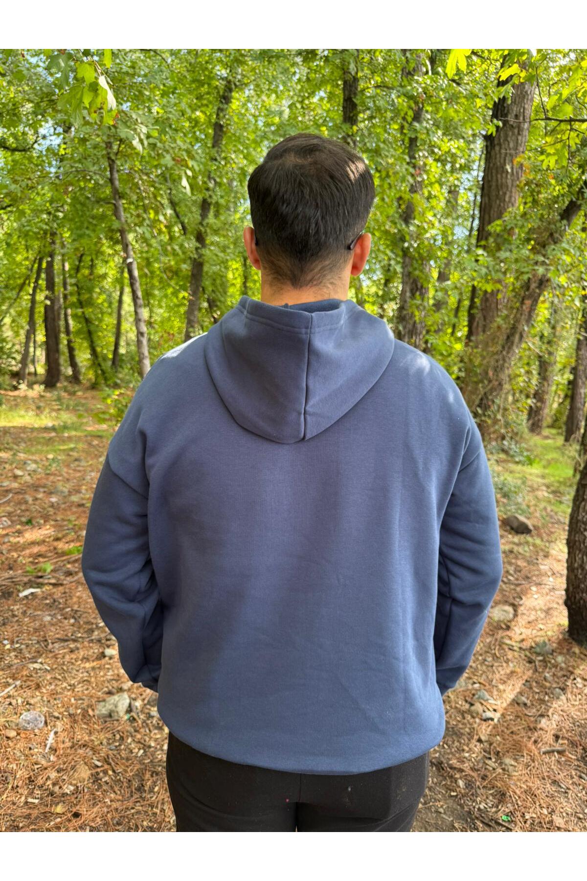 Erkek 3 İplik Basic Oversize Kanguru Cepli Kapüşonlu Sweatshirt - Lacivert