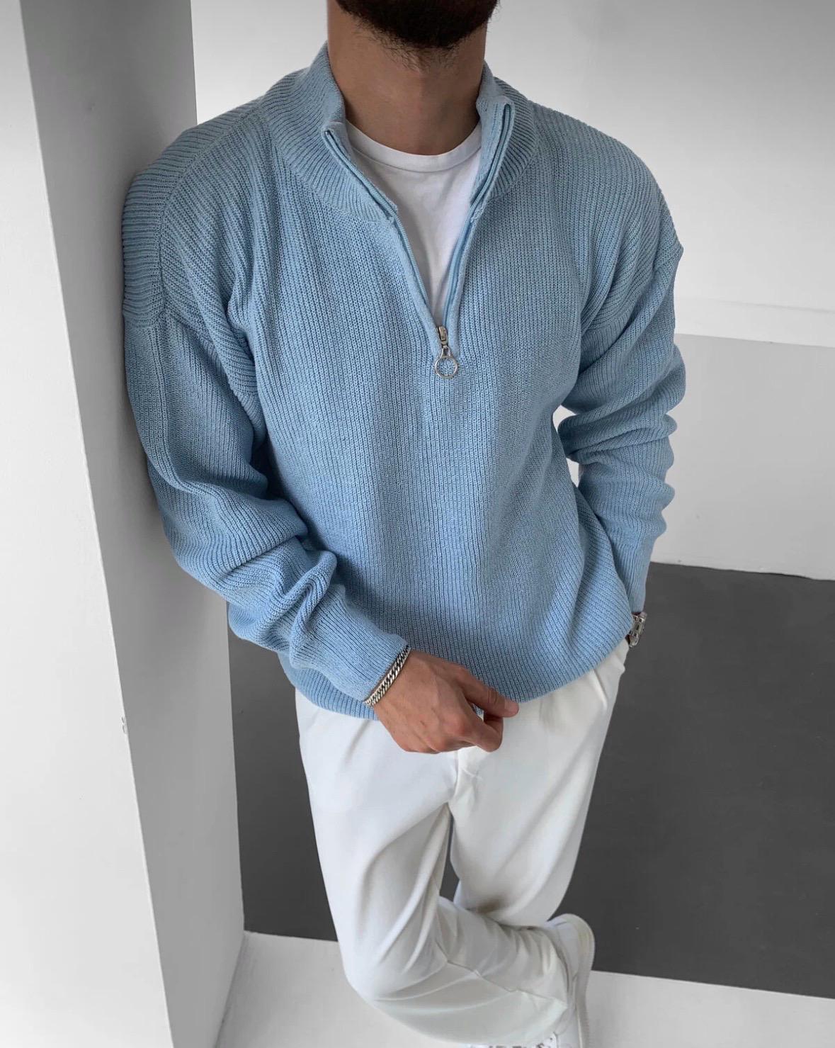 Erkek Kazak Yarım Fermuar Detaylı Triko - bebe mavi