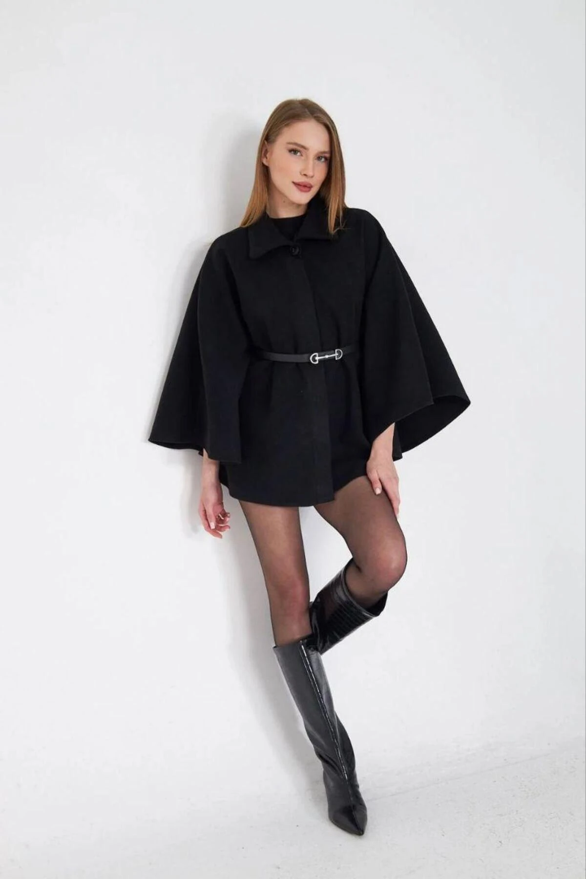 Kadın Kemerli Kaşe Panço - siyah