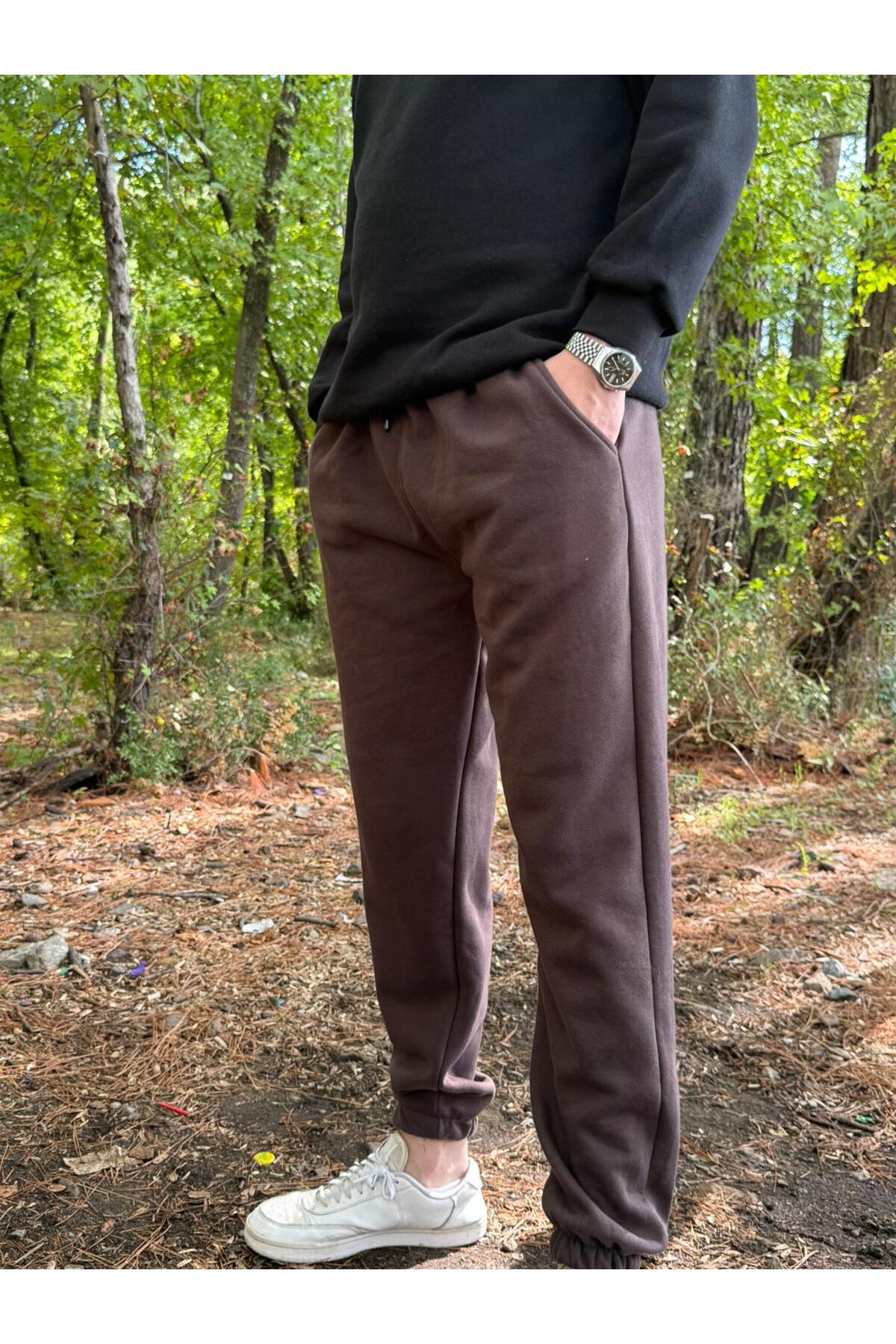Erkek Ünisex Jogger Eşofman Altı 3 İplik Kalın Kişlık - kahverengi