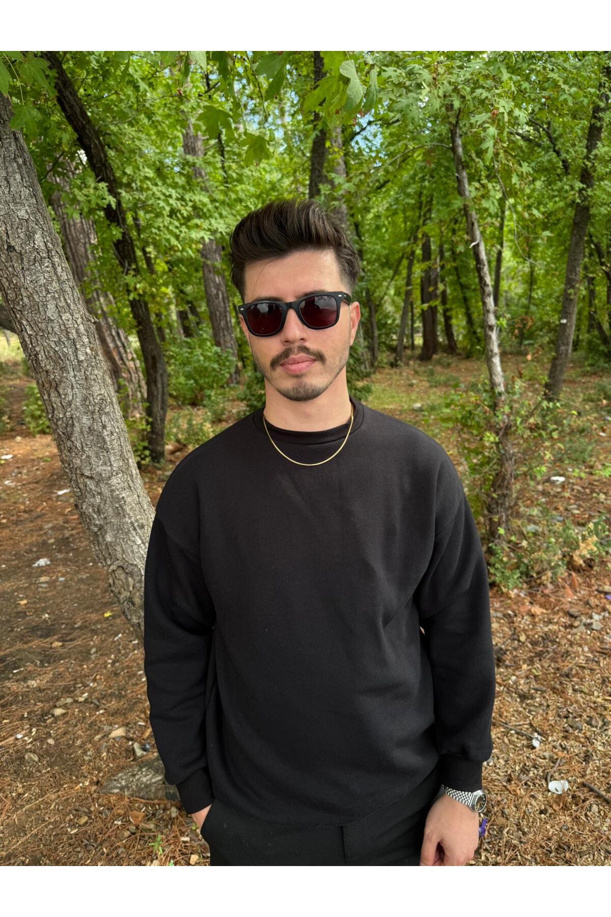 Erkek Oversize Bisiklet Yaka Basic Sweatshirt - siyah