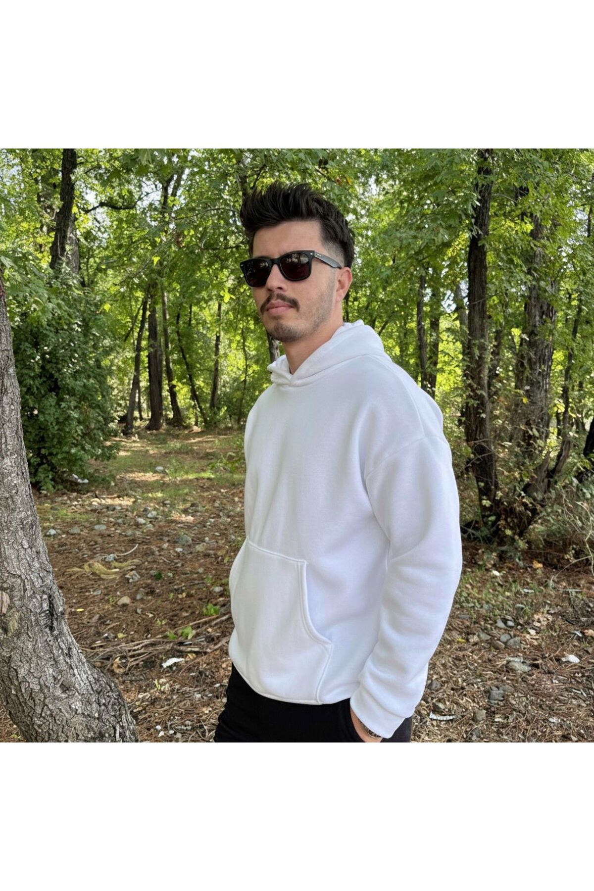 Erkek 3 İplik Basic Oversize Geniş Kesim Kanguru Cepli Kapüşonlu Sweatshirt - XL