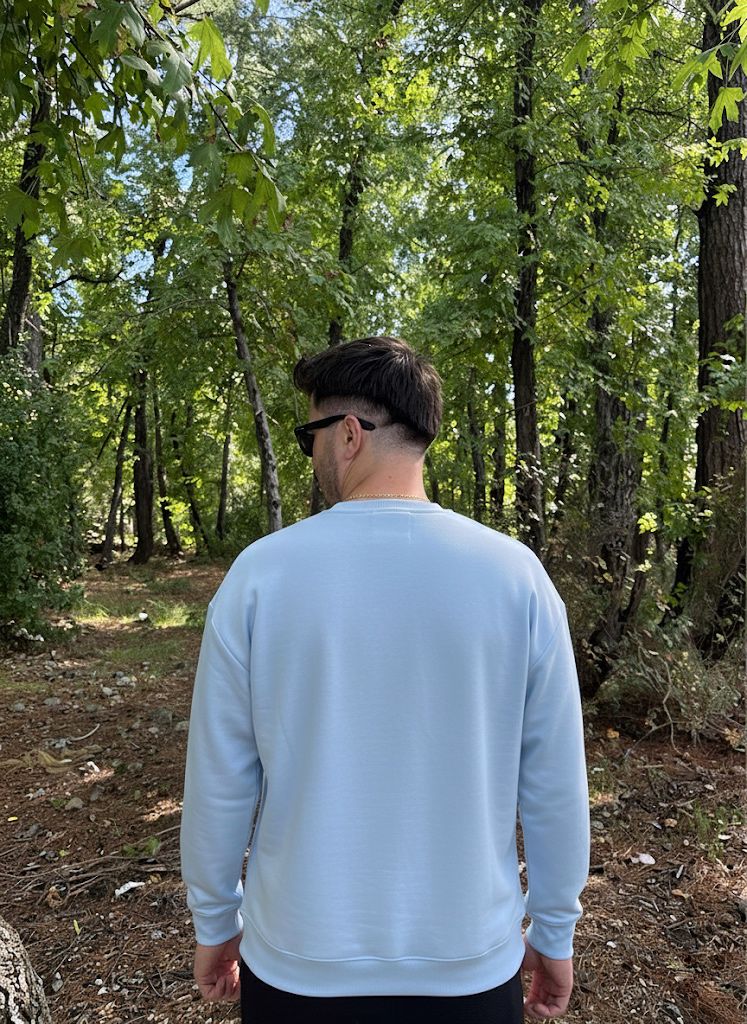 Erkek Oversize Bisiklet Yaka Geniş Kesim Sweatshirt - bebe mavi