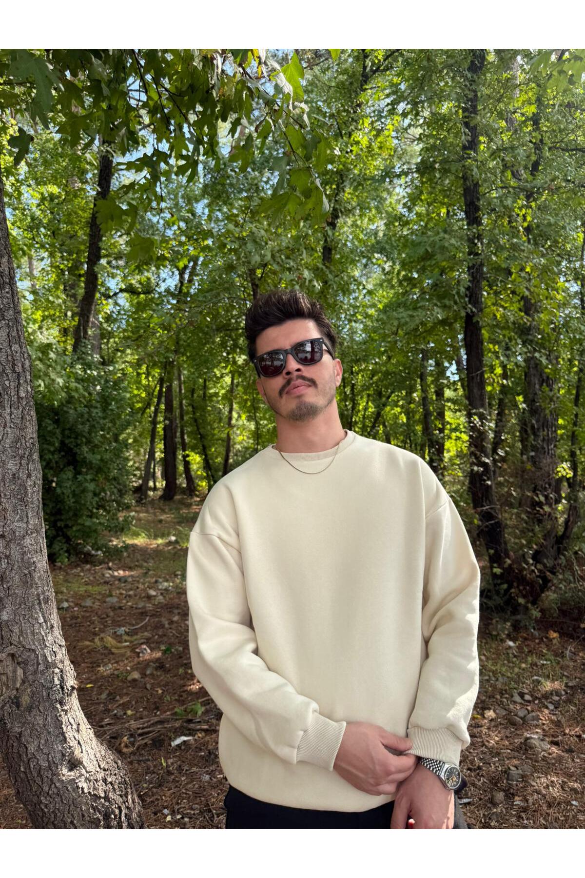 Erkek Oversize Bisiklet Yaka Basic Sweatshirt - Ekru