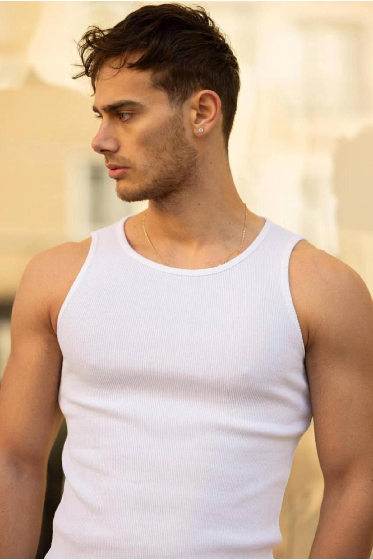 Erkek Halter Yaka Fitilli Sporcu Likralı Atlet