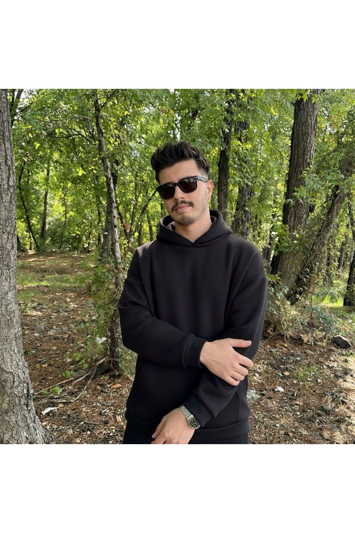 Erkek 3 İplik Basic Oversize Geniş Kesim Kanguru Cepli Kapüşonlu Sweatshirt - siyah