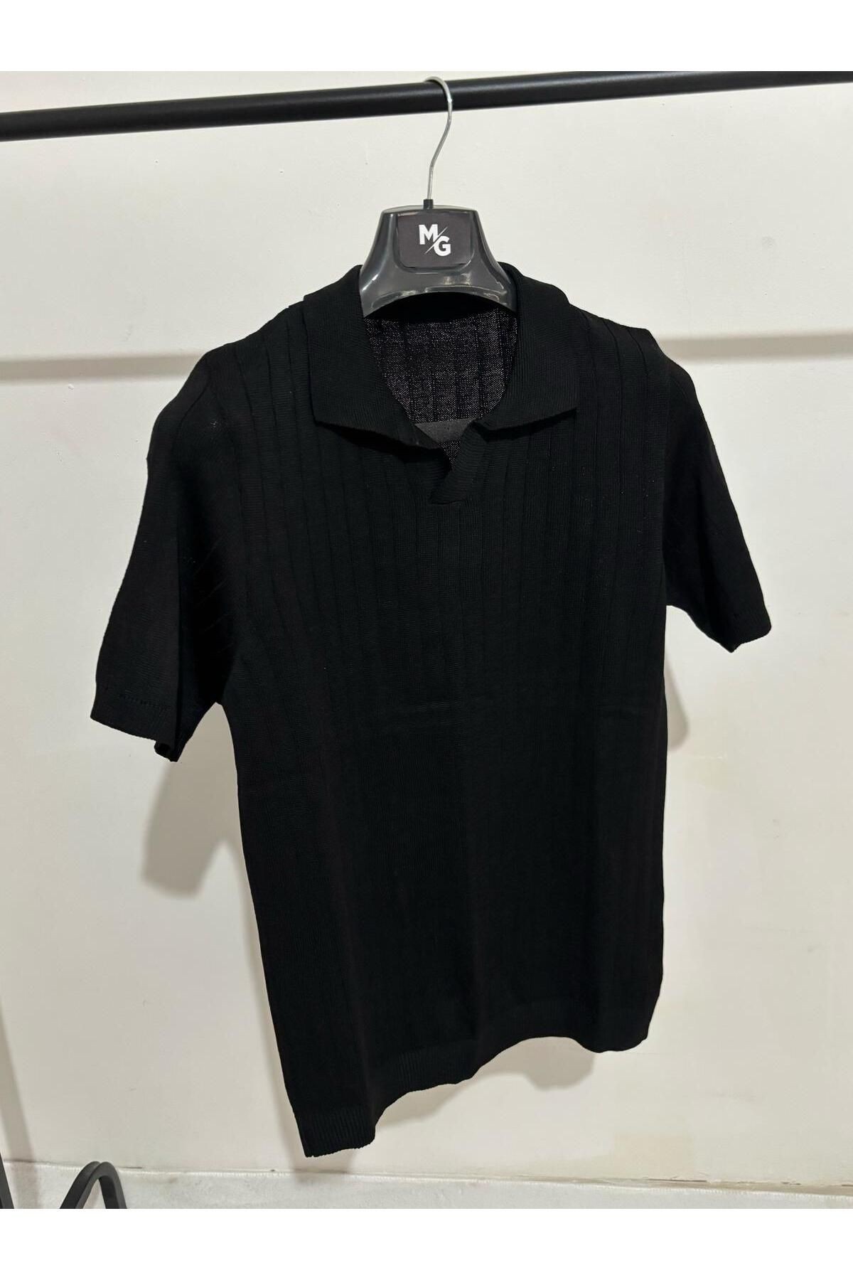 Apaş Yaka Triko T-shirt - siyah