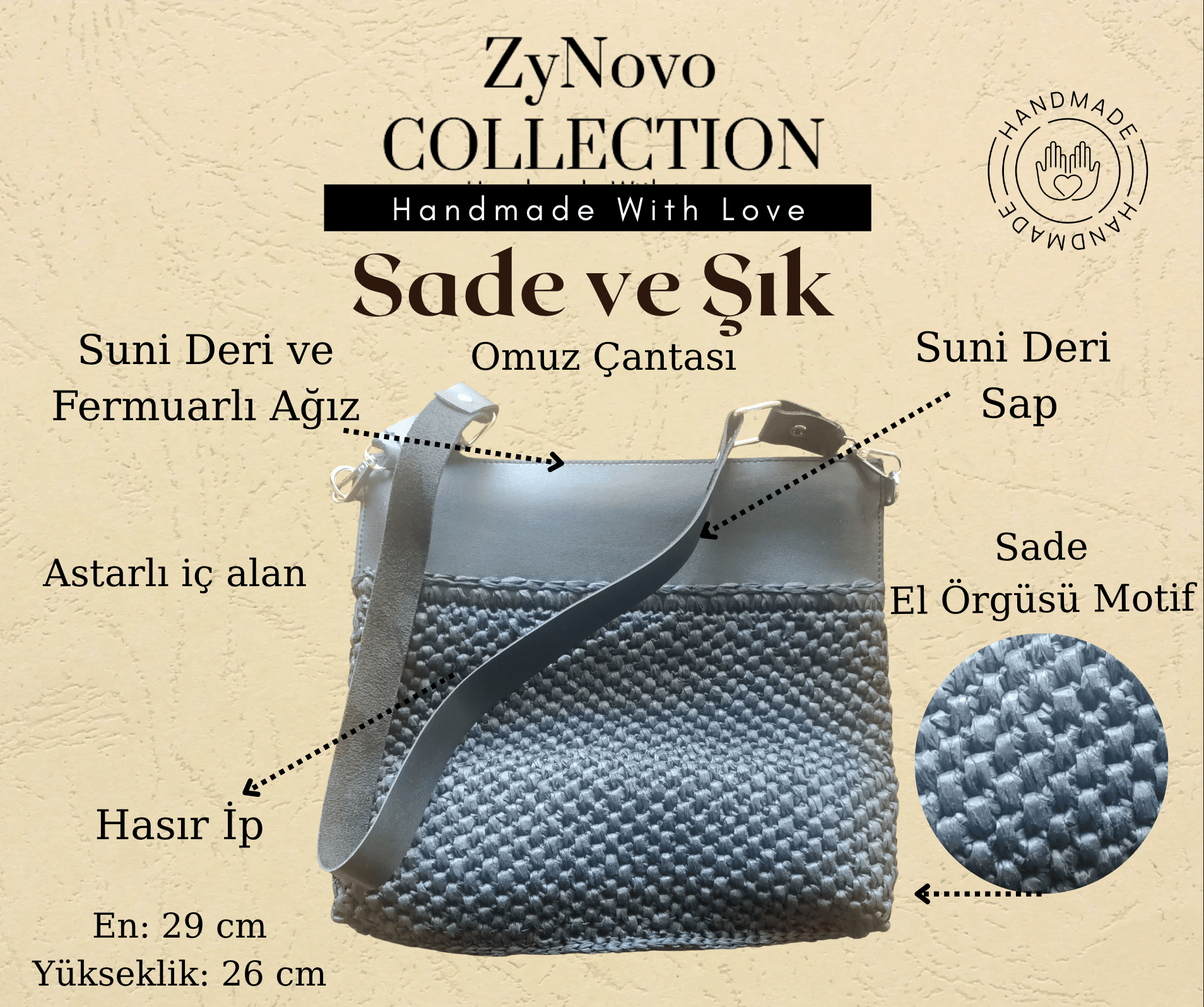 ZyNovo Collection Suni deri detaylı, Astarlı Örgü Çanta