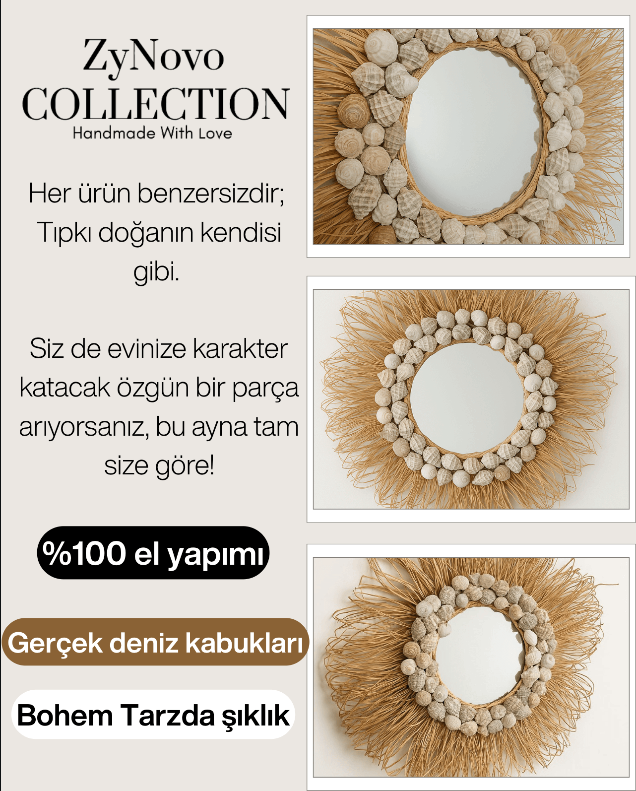 Deniz Kabukları ve Rafya ile oluşturulmuş Dekoratif Ayna