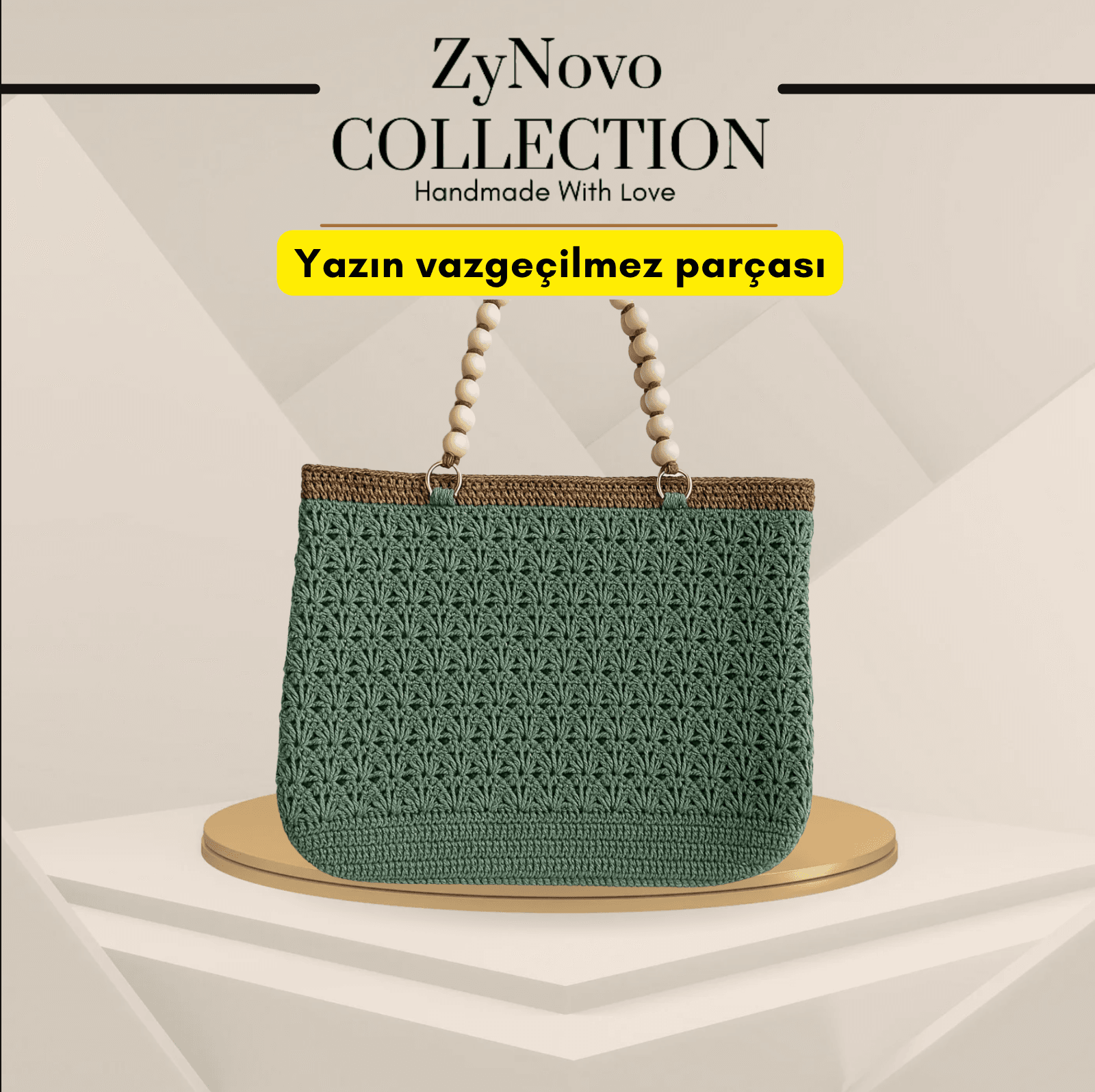 ZyNovo Collection Adaçayı Yeşili Boncuk Saplı Hasır Çanta