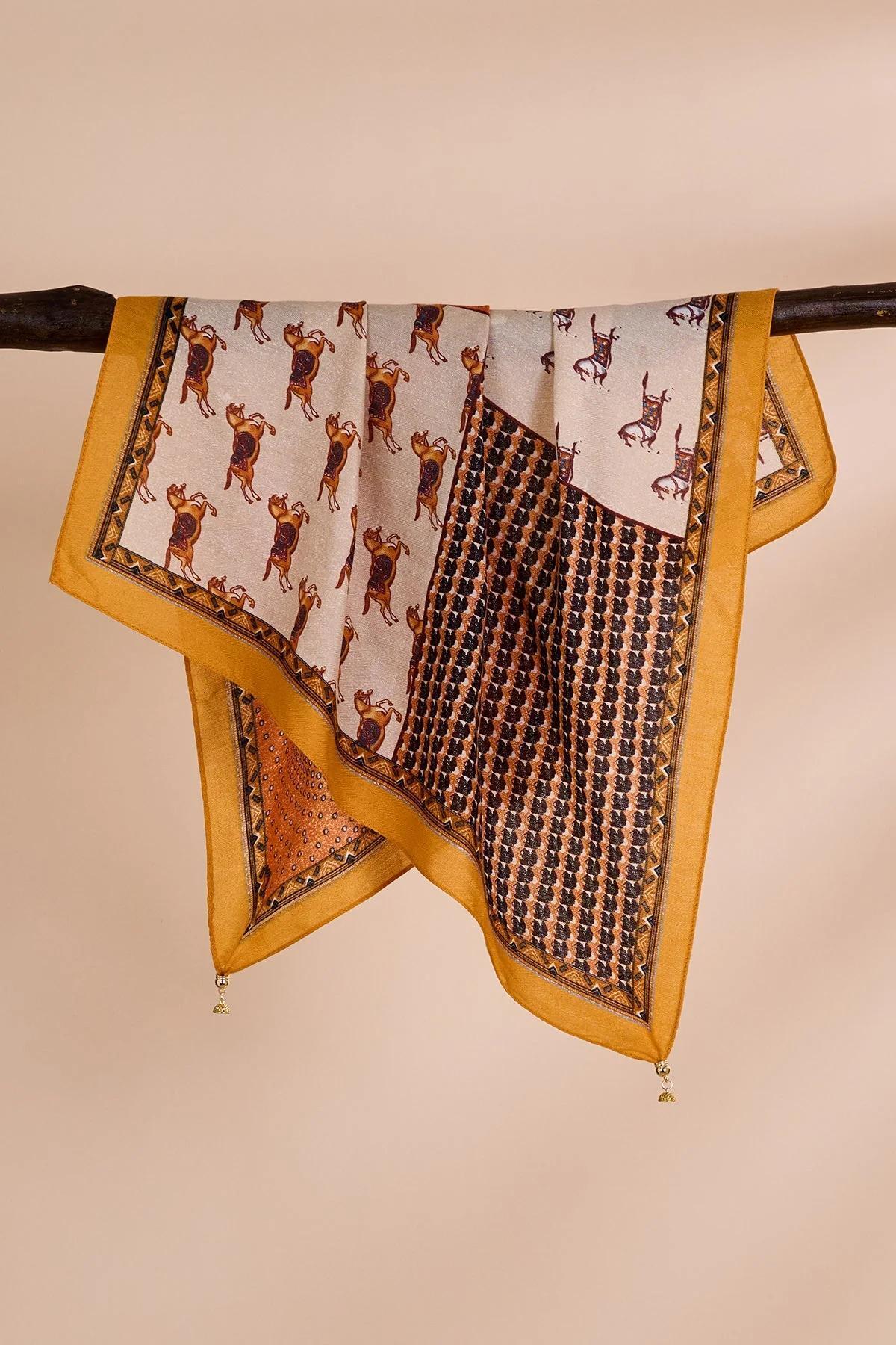 Mıknatıslı Çift Taraflı At Figürlü Karışık Desenli Kare Fular