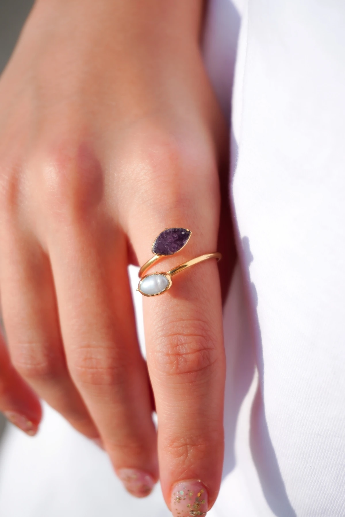 Ametist ve Barok İnci Doğal Taş Altın Kaplama Pirinç El Yapımı Yüzük