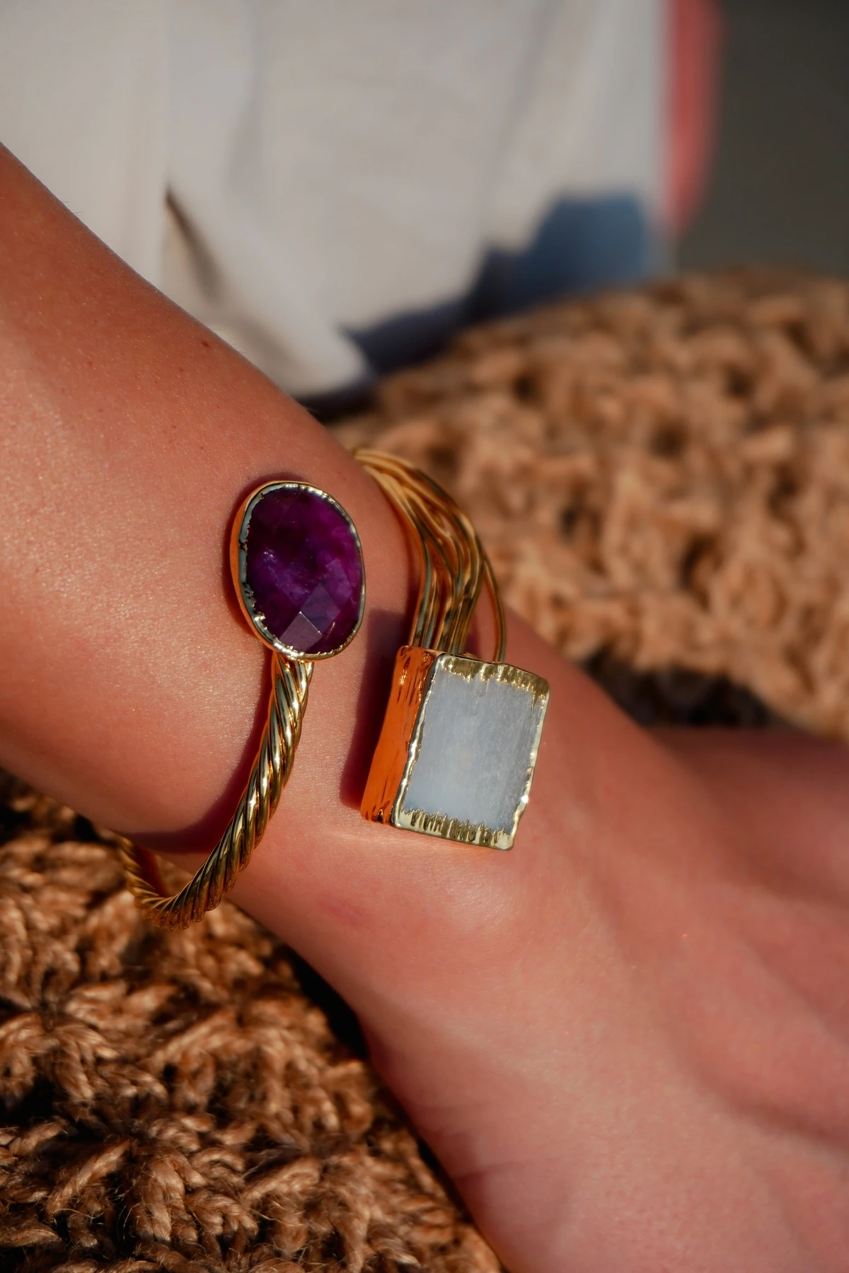 Yakut Ve Selenit Doğal Taş Altın Kaplama Pirinç El Yapımı Bilezik